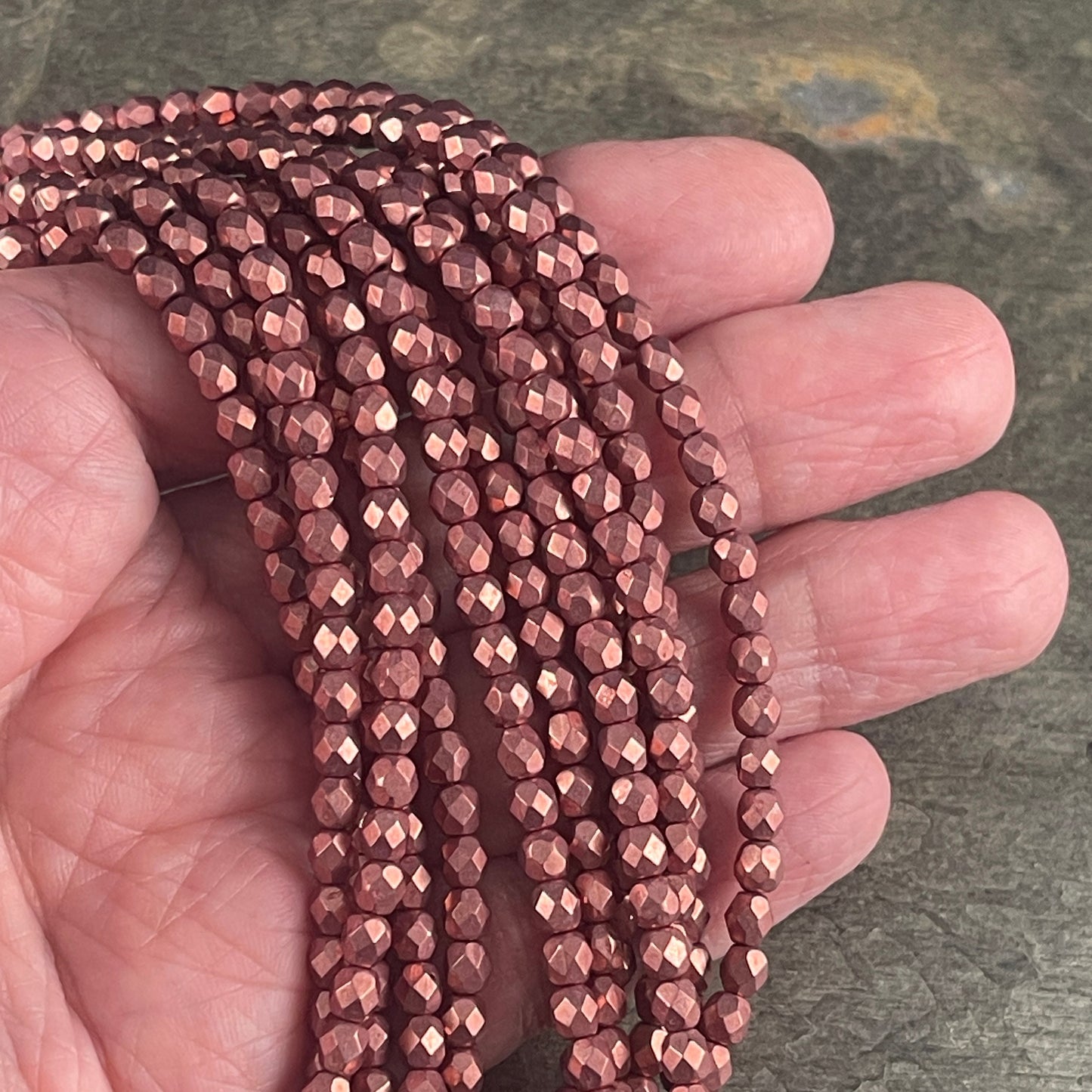 Rose Gold Czech Glass Beads, 4mm Fire Polished Beads Faceted Round Beads - Coppery Pink Metallic Beads (FP4/SM-08A02) * Qty. 50