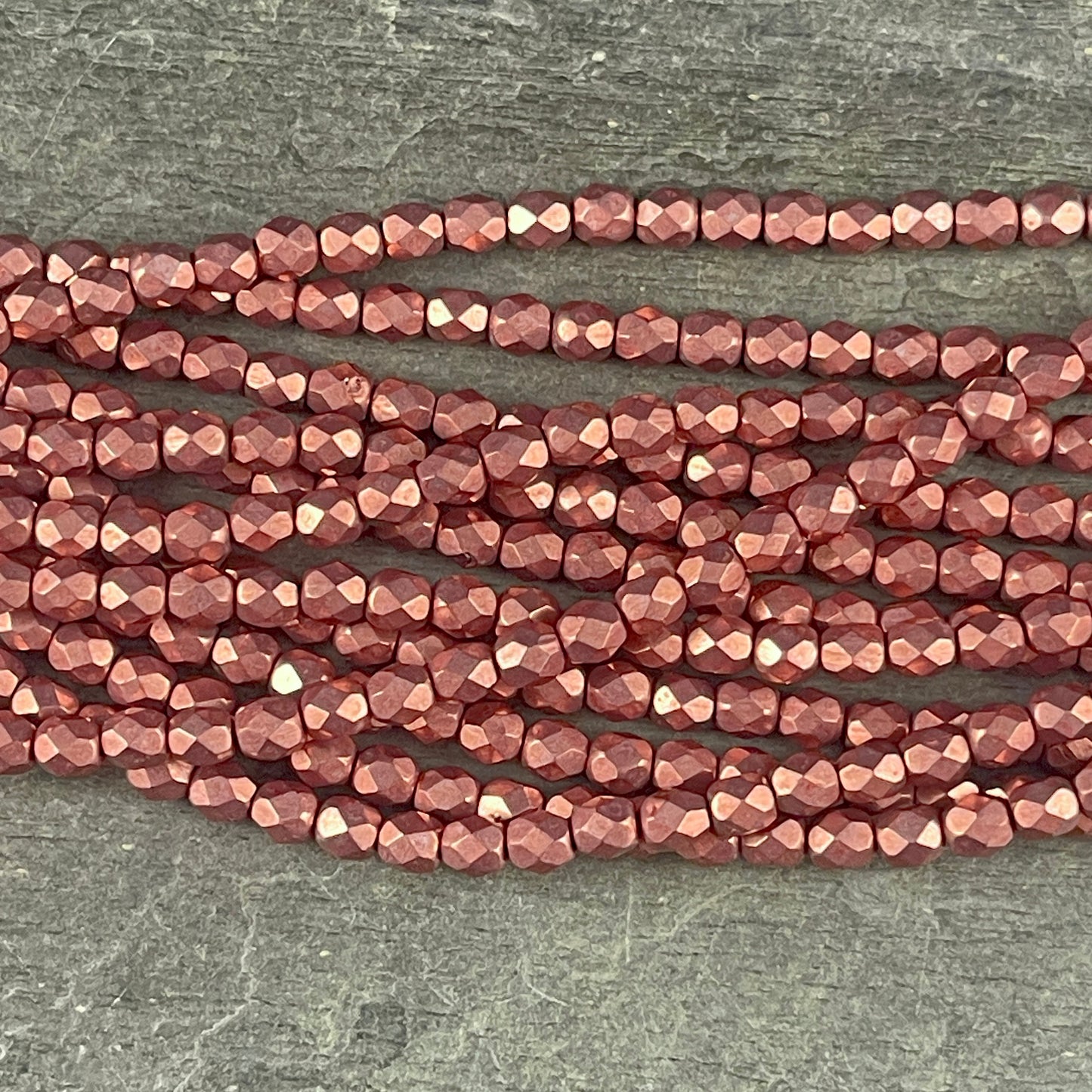 Rose Gold Czech Glass Beads, 4mm Fire Polished Beads Faceted Round Beads - Coppery Pink Metallic Beads (FP4/SM-08A02) * Qty. 50