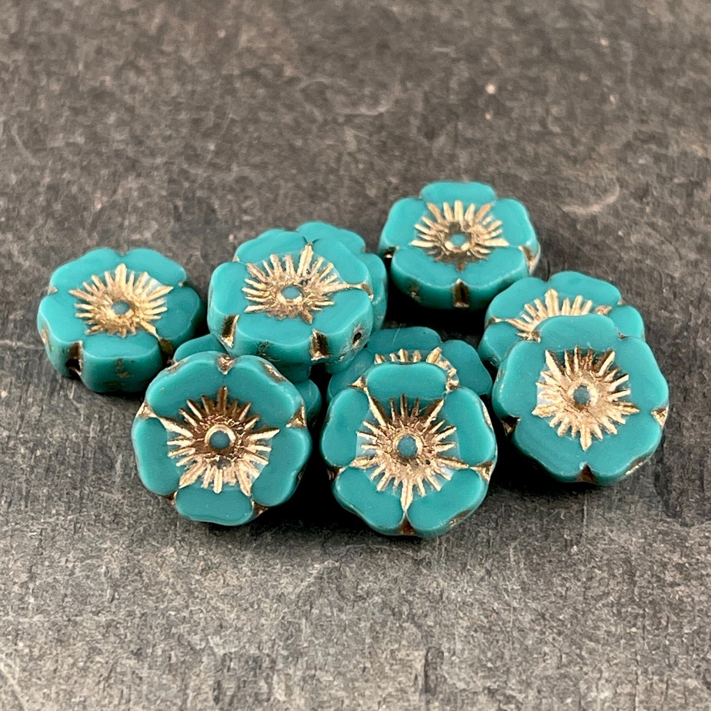 Czech Glass Beads - 12mm Opaque Turquoise Hibiscus Flower Beads ~ Dark Turquoise Glass with Gold Wash (FL12/RJ-1164) * Qty. 6