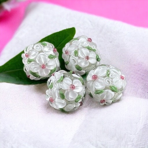White Lampwork Flower Beads, 14mm White Flower Lampwork Beads (LB202) Floral Theme Lampwork Beads * Qty. 2