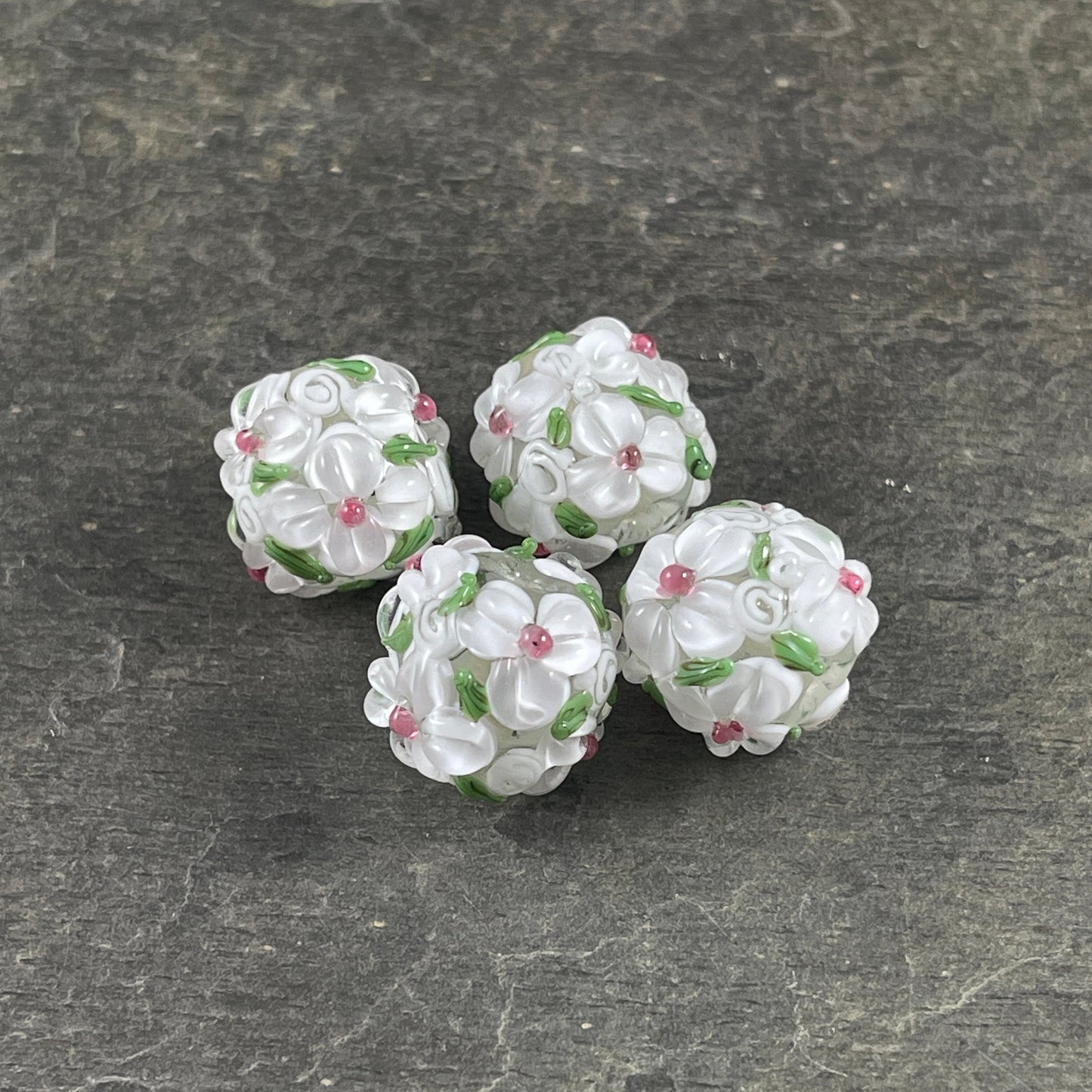 White Lampwork Flower Beads, 14mm White Flower Lampwork Beads (LB202) Floral Theme Lampwork Beads * Qty. 2
