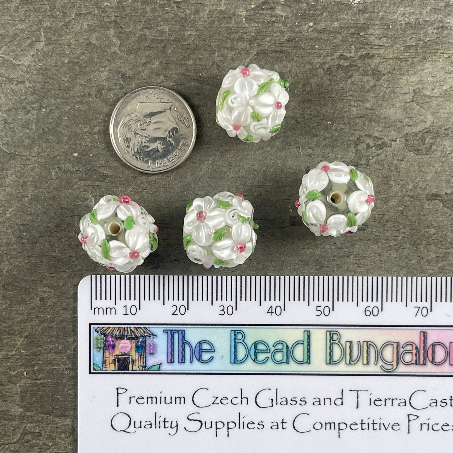 White Lampwork Flower Beads, 14mm White Flower Lampwork Beads (LB202) Floral Theme Lampwork Beads * Qty. 2
