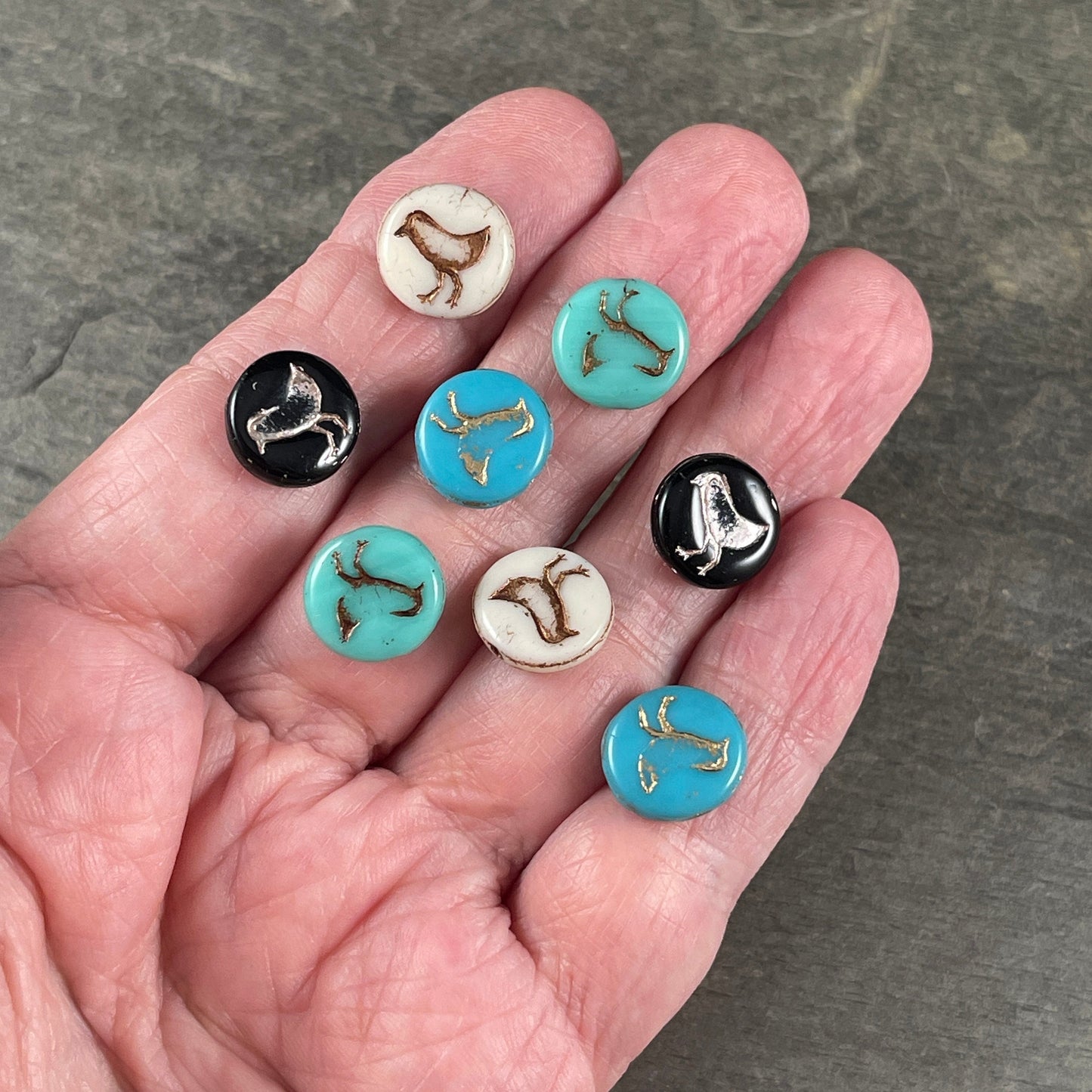 Czech Glass Coin Beads with Bird Design, Double Sided 12mm Beads ~ Bead Bungalow Exclusive Mix ~ Earring Pairs (COIN/BkBlMix) * Qty. 8