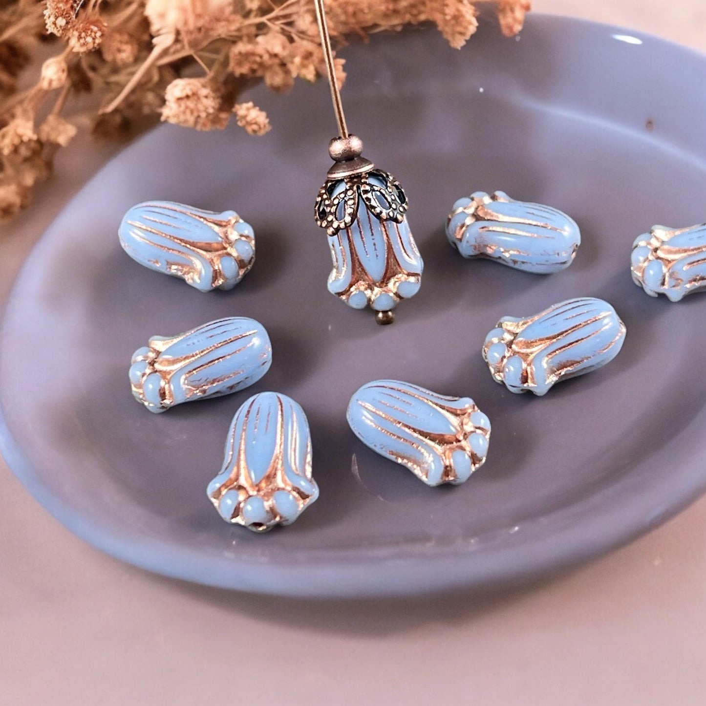 Periwinkle Blue Flower with Copper Wash, Czech Glass Beads, 12x8mm Lily Bud Flower (LBud43) * Qty. 12