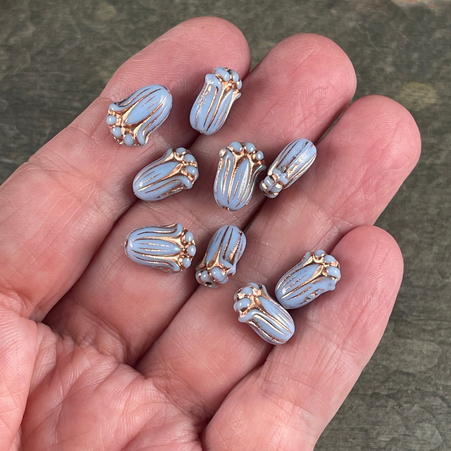 Periwinkle Blue Flower with Copper Wash, Czech Glass Beads, 12x8mm Lily Bud Flower (LBud43) * Qty. 12