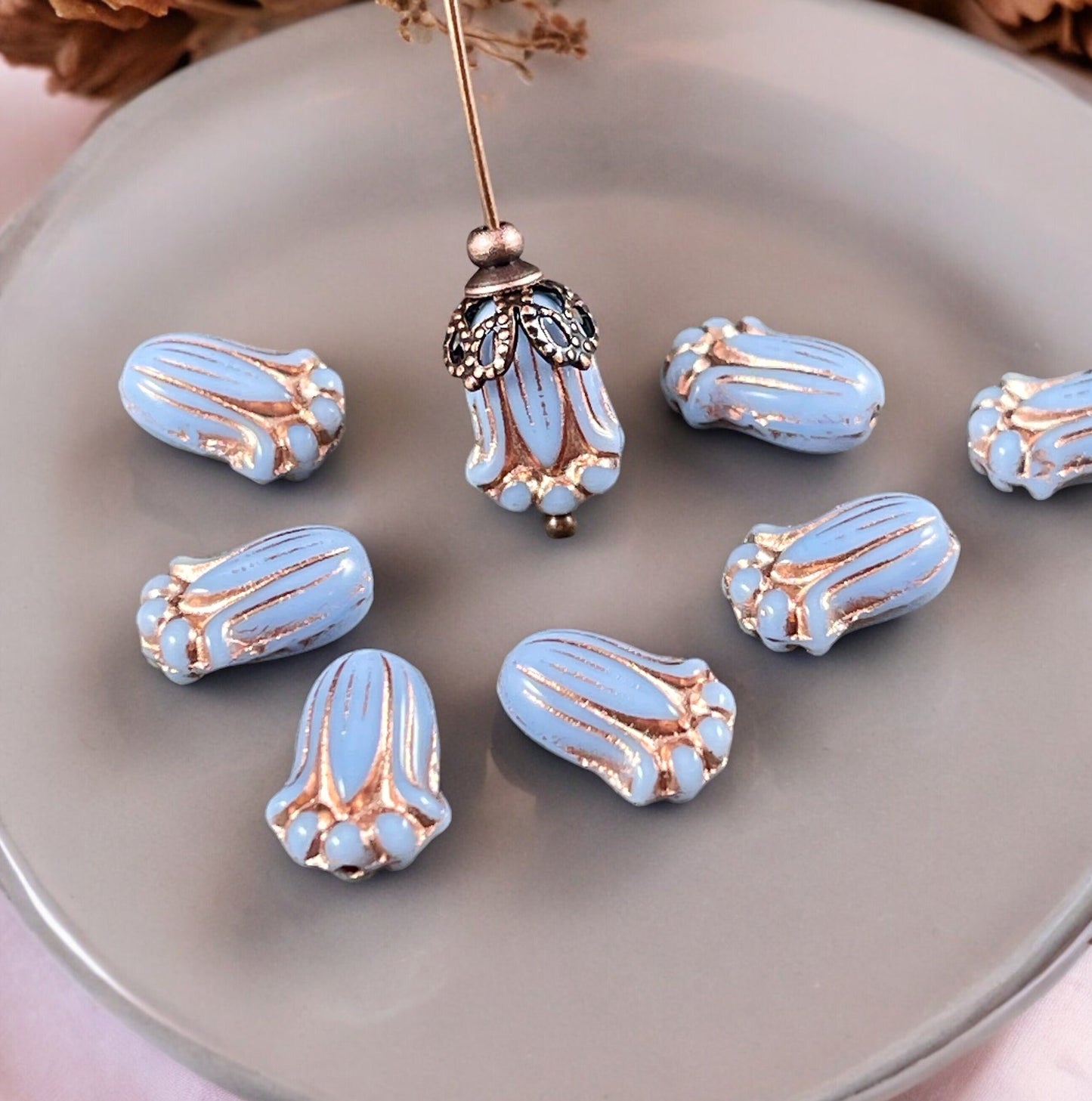 Periwinkle Blue Flower with Copper Wash, Czech Glass Beads, 12x8mm Lily Bud Flower (LBud43) * Qty. 12