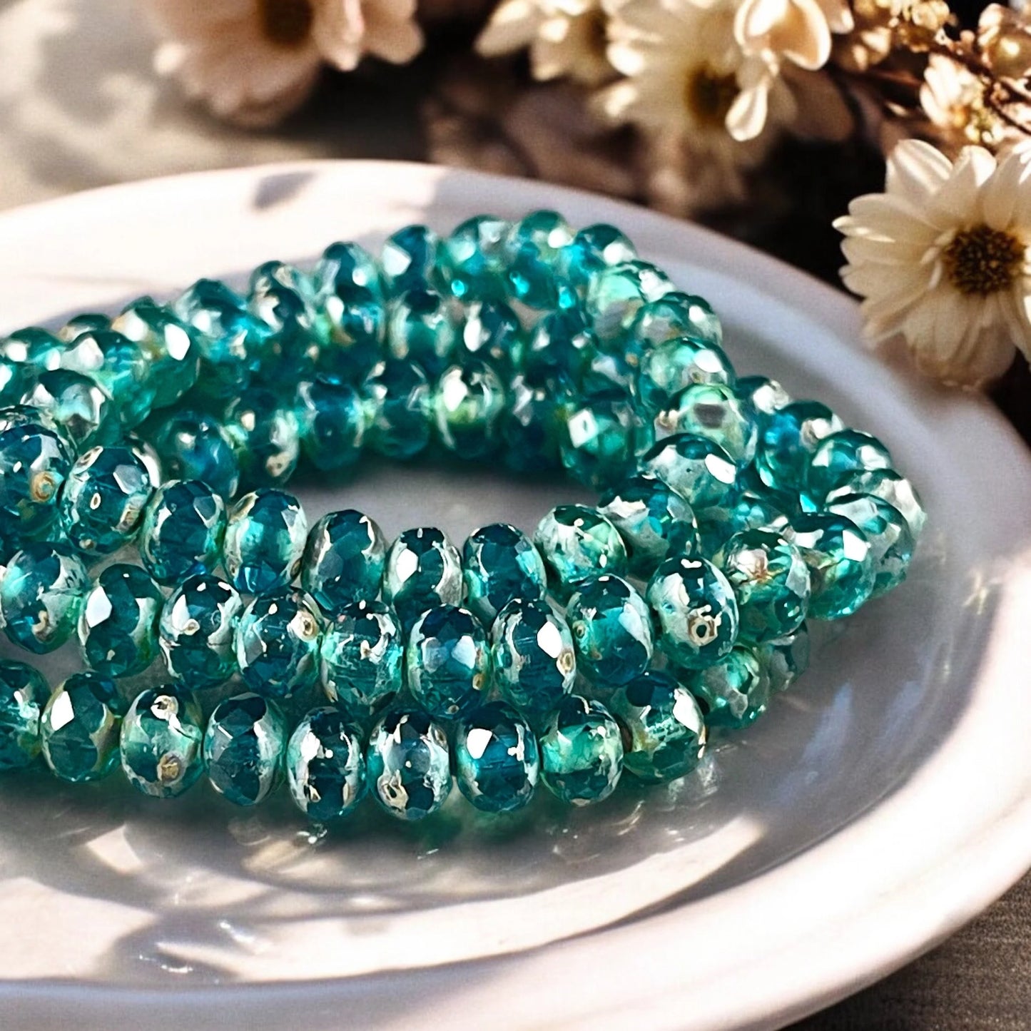 Pacific Blue Rondelle Faceted Czech Glass Beads 5x3mm Rondelle Transparent Ocean Blue Picasso (R5/N-1357) * Qty. 30