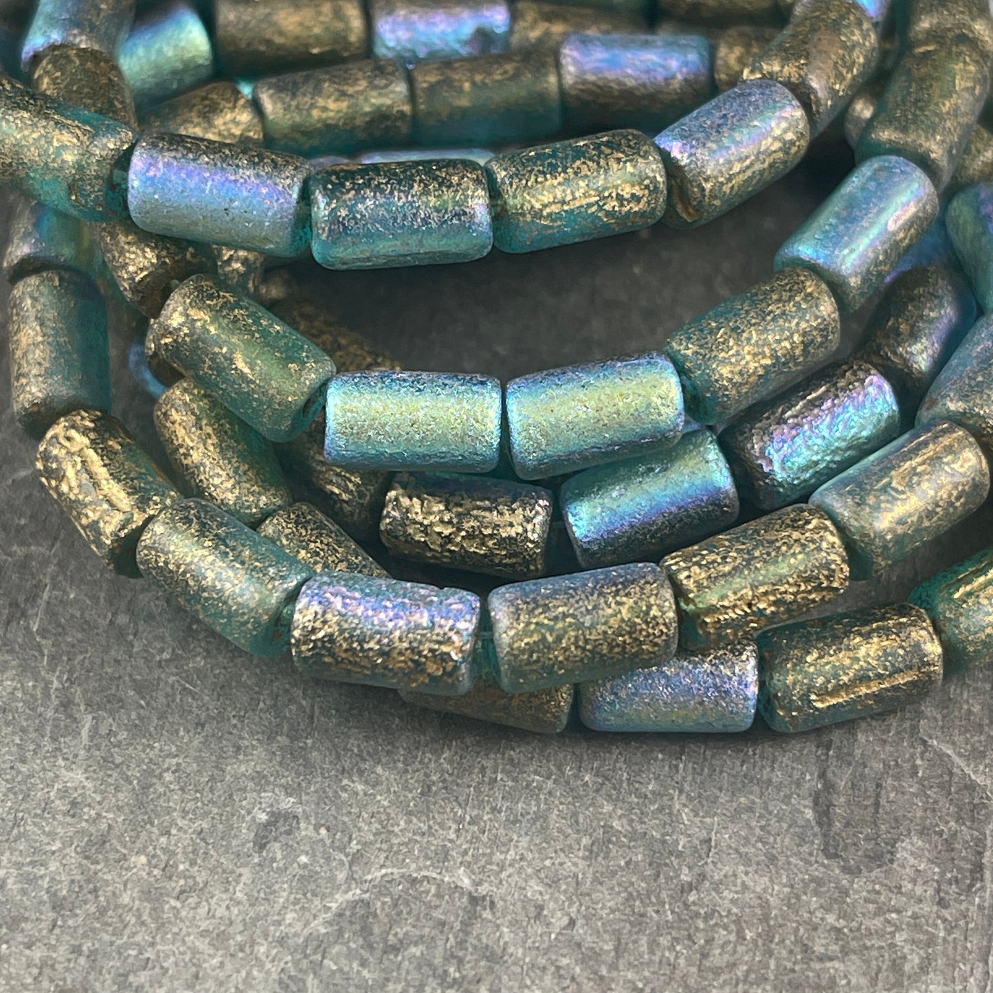 Czech Beads - 9x5mm Tube Bead, Etched Sky Blue with AB and Gold Finishes (TBE/N-1737) * 16 Beads
