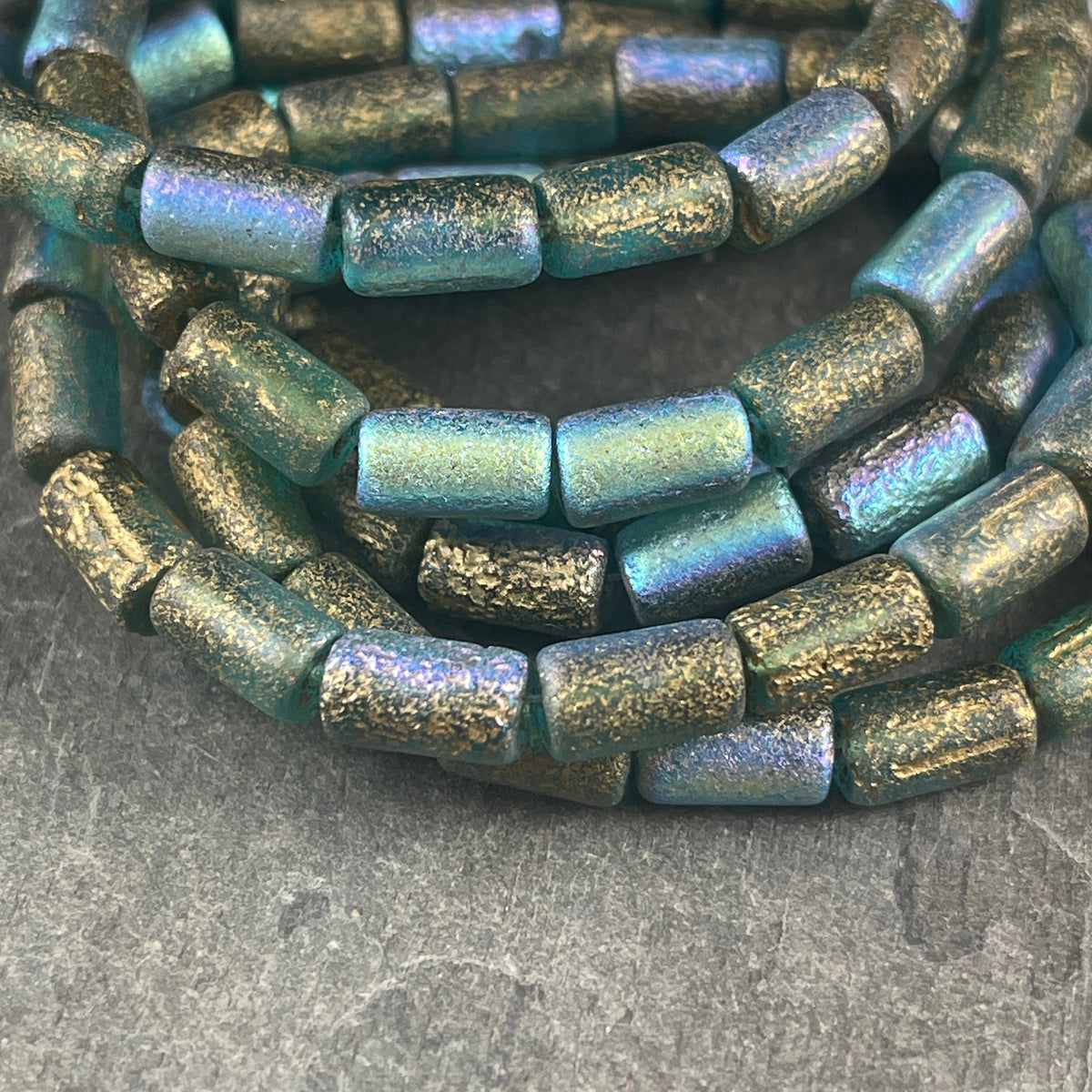 Czech Beads - 9x5mm Tube Bead, Etched Sky Blue with AB and Gold Finishes (TBE/N-1737) * 16 Beads