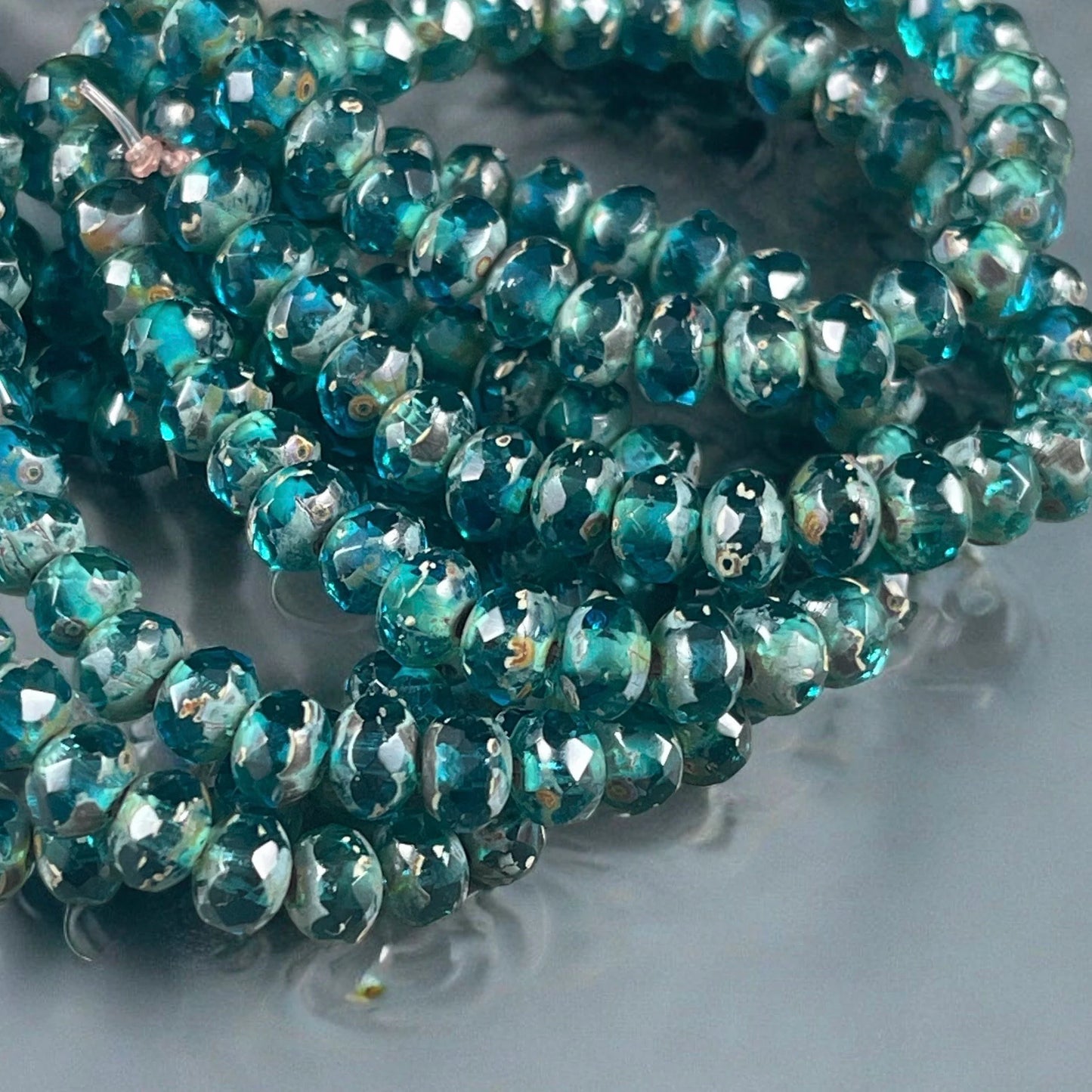 Pacific Blue Rondelle Faceted Czech Glass Beads 5x3mm Rondelle Transparent Ocean Blue Picasso (R5/N-1357) * Qty. 30