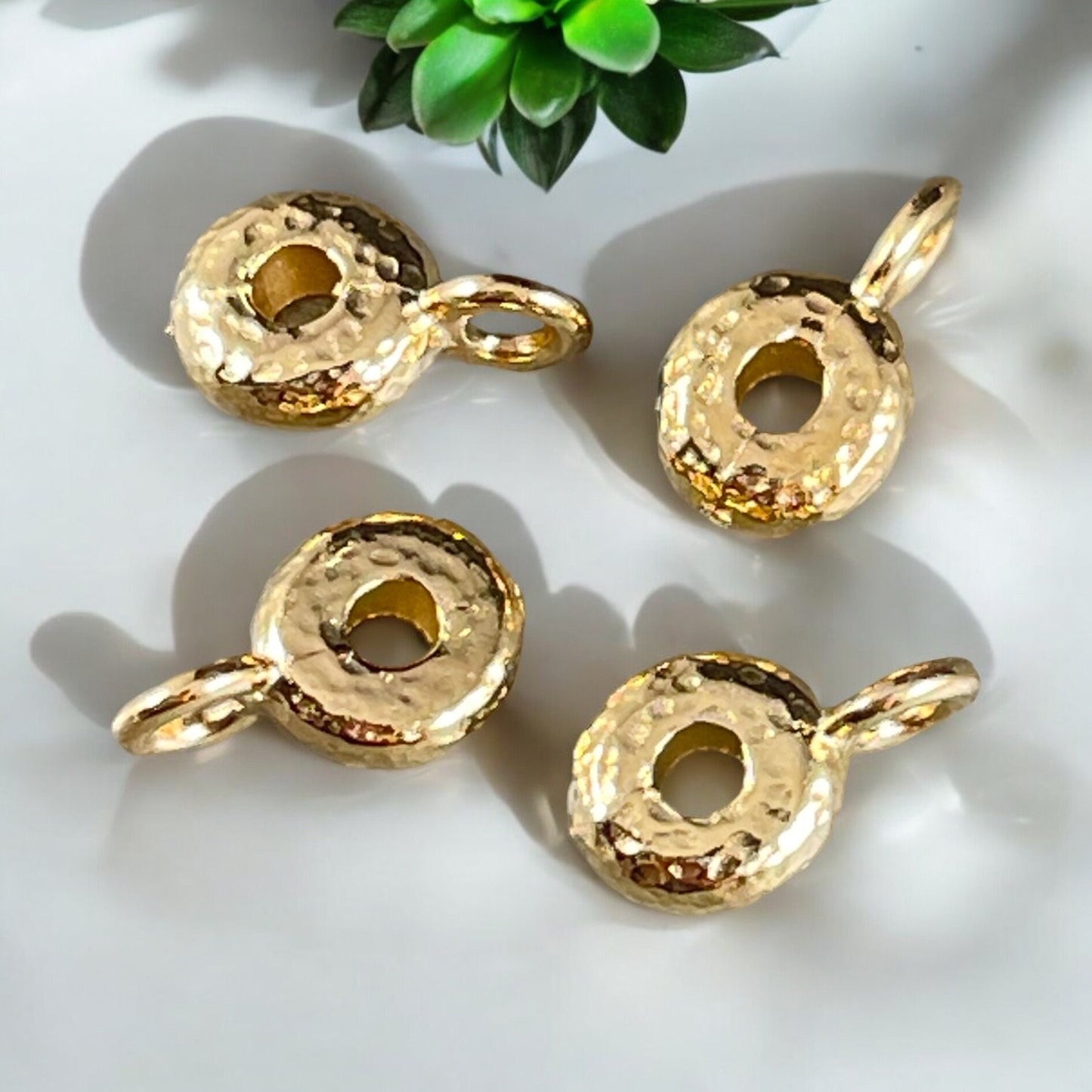 TierraCast Bail Bead, 24k Gold Plated Hammered Spacer Bead with Loop, 8x3mm Spacer with 2.75mm Hole (PF/892-12) * Qty. 4