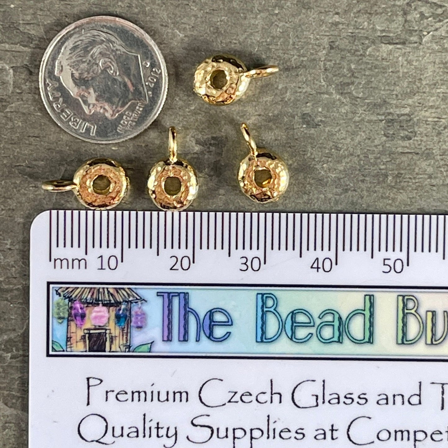 TierraCast Bail Bead, 24k Gold Plated Hammered Spacer Bead with Loop, 8x3mm Spacer with 2.75mm Hole (PF/892-12) * Qty. 4