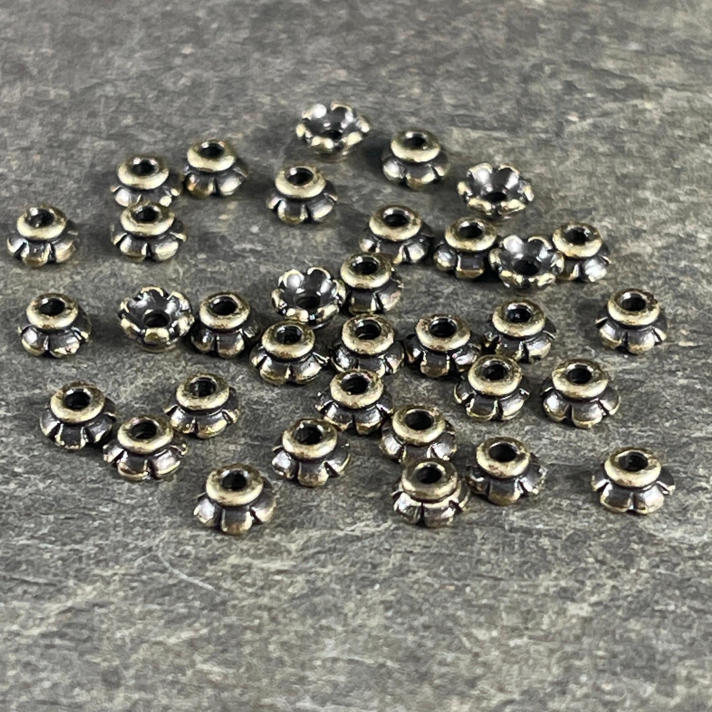 TierraCast Antiqued Brass Flower Bead Caps, 3.5mm Tiny Scalloped Petal Bead Caps (PF/790-57) * Qty. 50