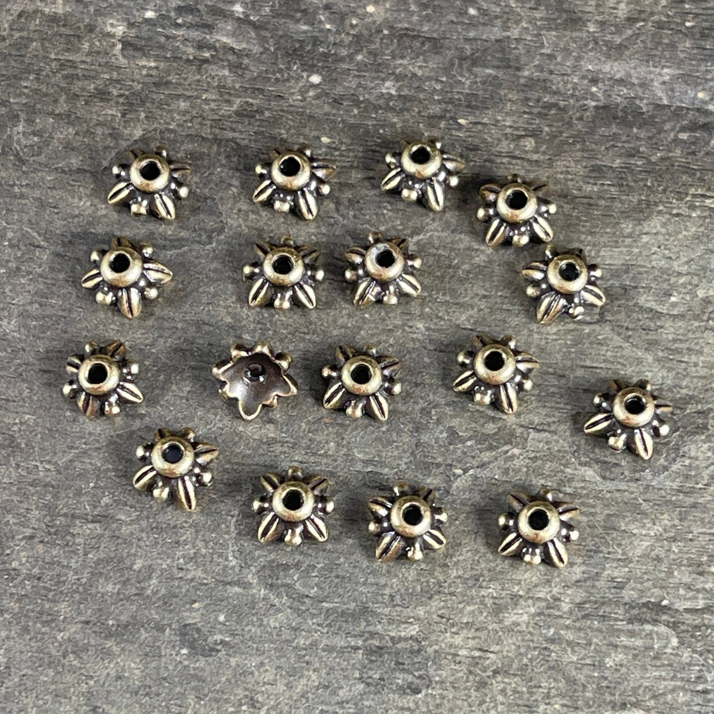 TierraCast Brass Bead Caps, 5mm Petal Bead Caps, Antiqued Brass Plated Pewter Leaf Bead Caps (PF/775-57) * Qty. 20