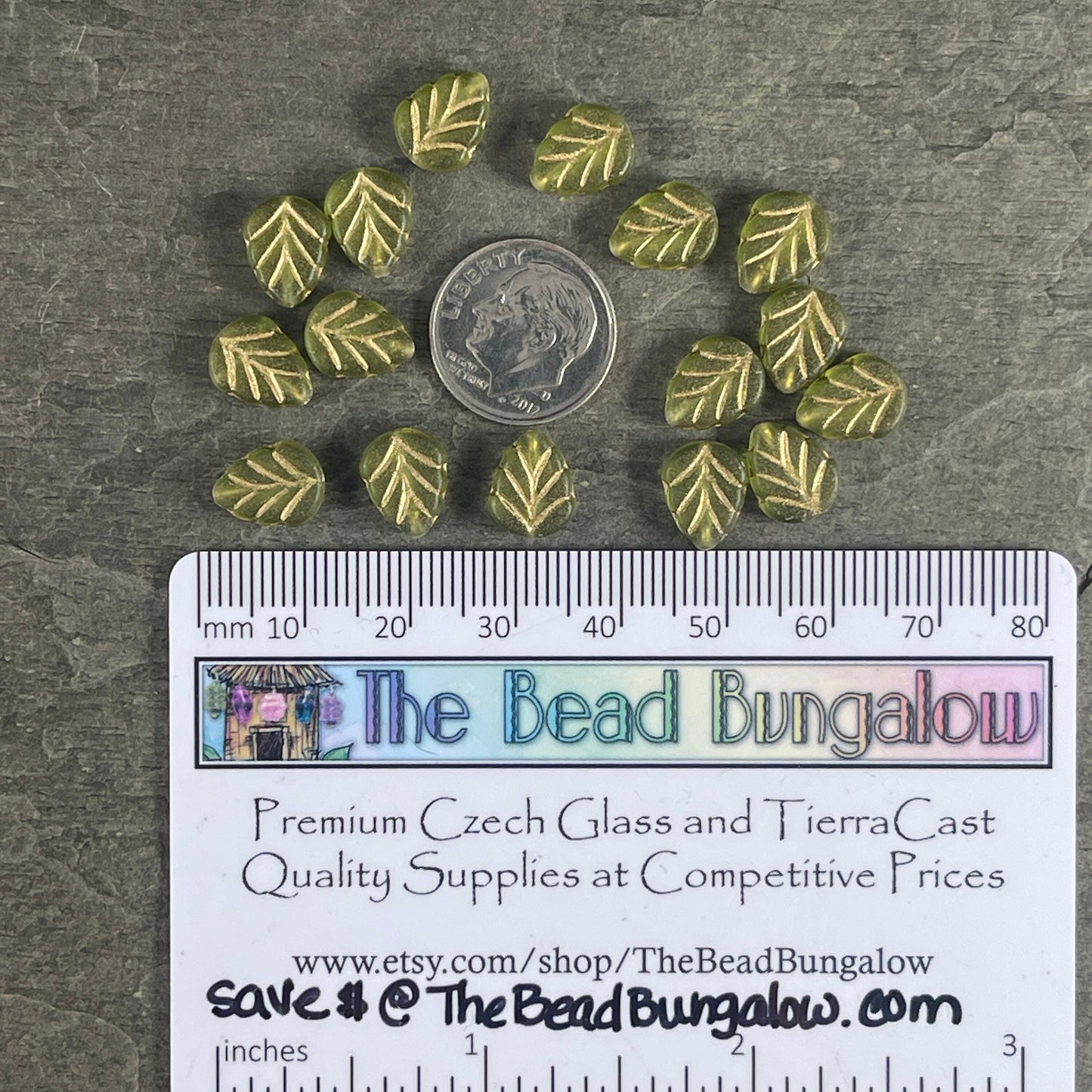 Matte Peridot Green Leaf with Gold Wash, Mint Leaf Czech Glass Beads, 10x8mm Center Drilled Green Leaf Bead (Mint21) * Qty. 16
