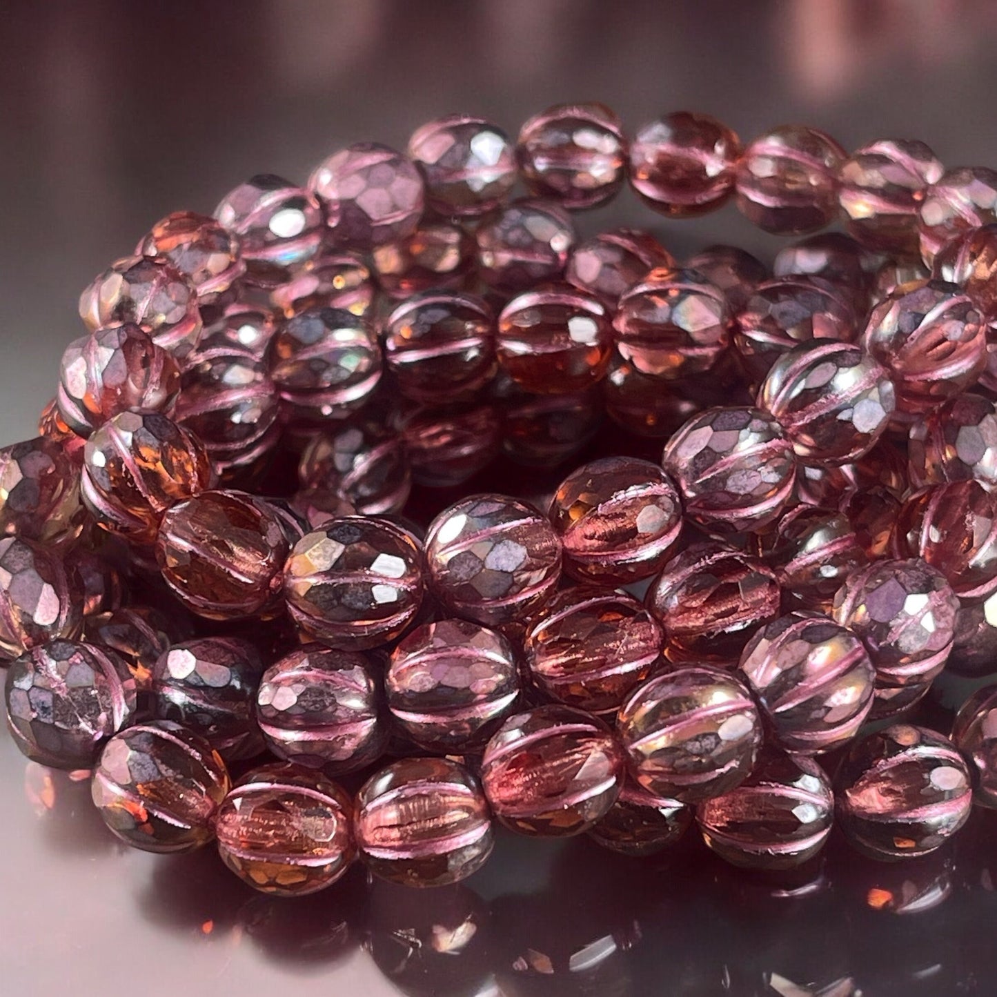 Czech Beads - 8mm Faceted Melon, Rosewood with Copper and Metallic Pink (8FM/N-1778) * 20 Beads