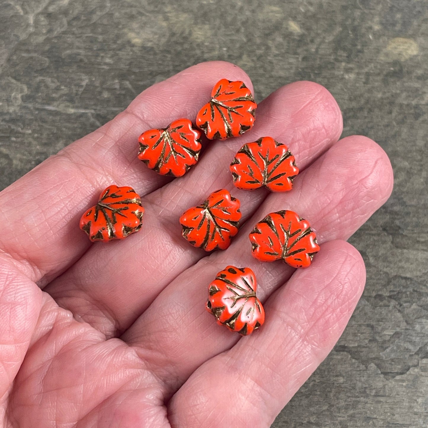 Reserved - Dark Orange Maple Leaf Beads, Opaque Orange with Bronze Wash 11x13mm Czech Glass Leaf Beads (ML71) * Qty. 12
