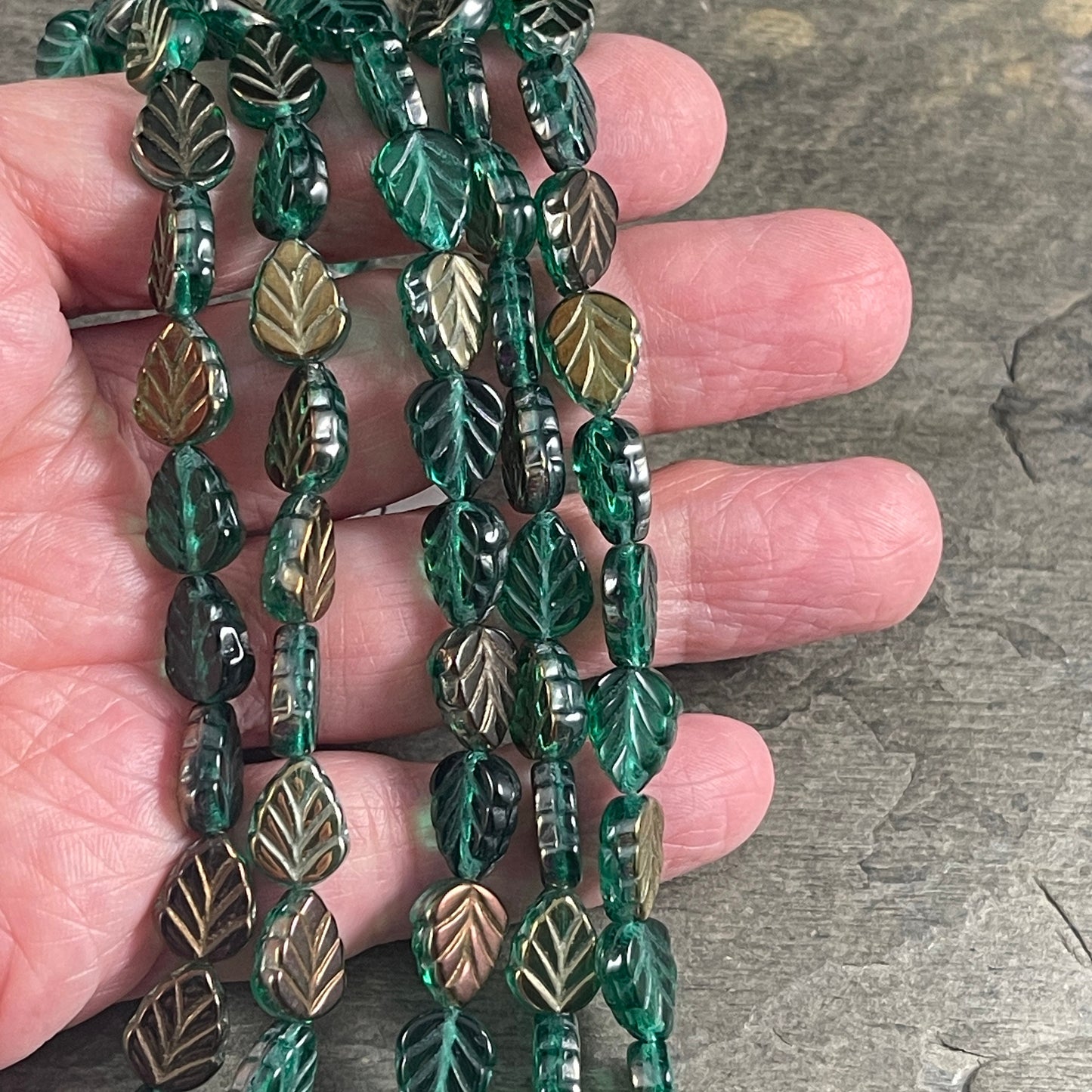 Emerald Green Leaf with Metallic Gold and Bronze Half Coat, 10x8mm Mint Leaf Czech Glass Beads (Mint20) * Qty. 16