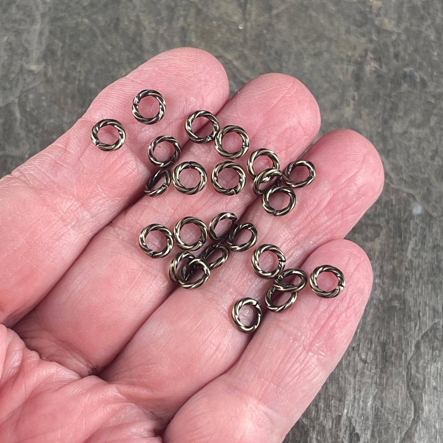 6mm Twisted Jump Rings, Antiqued Brass 16g Decorative Open Jump Rings (5042) * Qty. 100