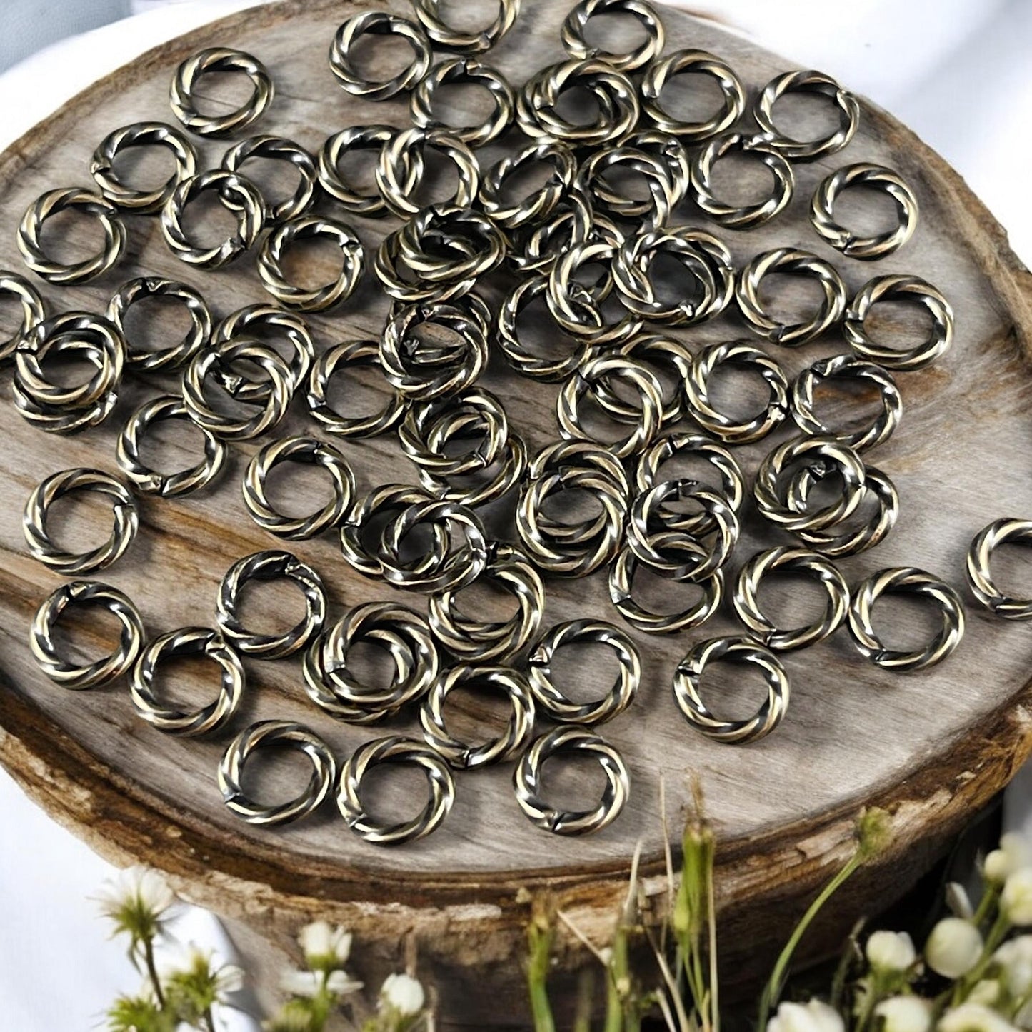 6mm Twisted Jump Rings, Antiqued Brass 16g Decorative Open Jump Rings (5042) * Qty. 100