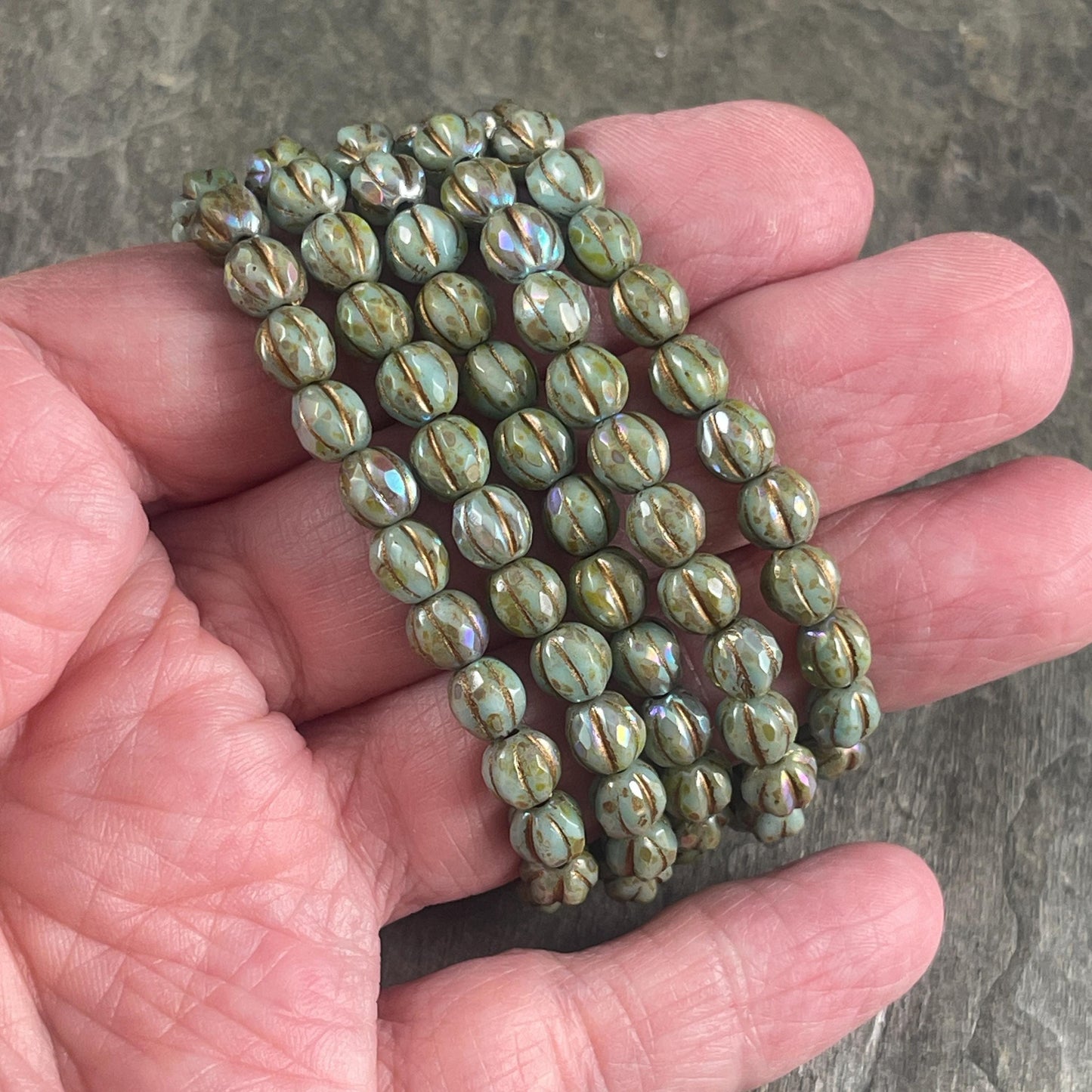 6mm Picasso Czech Glass, Faceted Melon Shape Beads, Tea Green with Picasso and AB Finish (FM6/N-0056) * 25 Beads