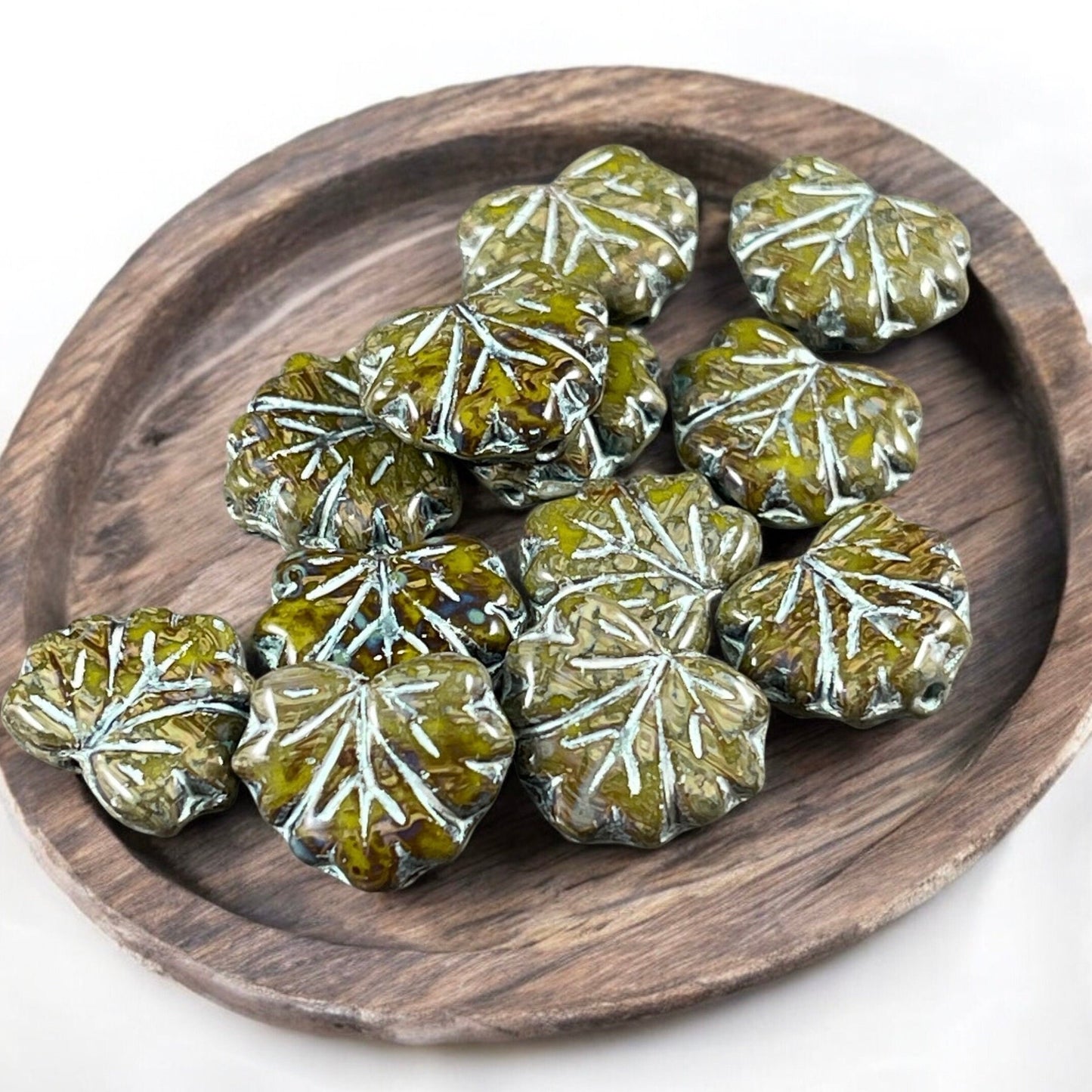 Czech Glass Beads - Olive Green Picasso Maple Leaf Beads, Travertine Picasso and Silver Wash, 11x13mm Leaf Beads (ML83) * Qty. 12