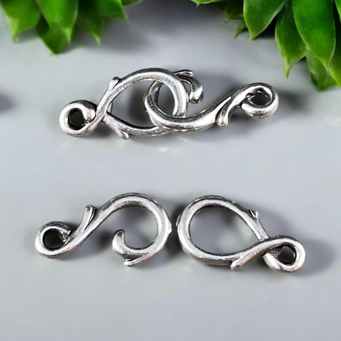 TierraCast Vine Hook and Eye Clasp, Fine Silver Plated Pewter, Dainty Antiqued Silver Clasp (PF/954-77) * Qty. 3 sets