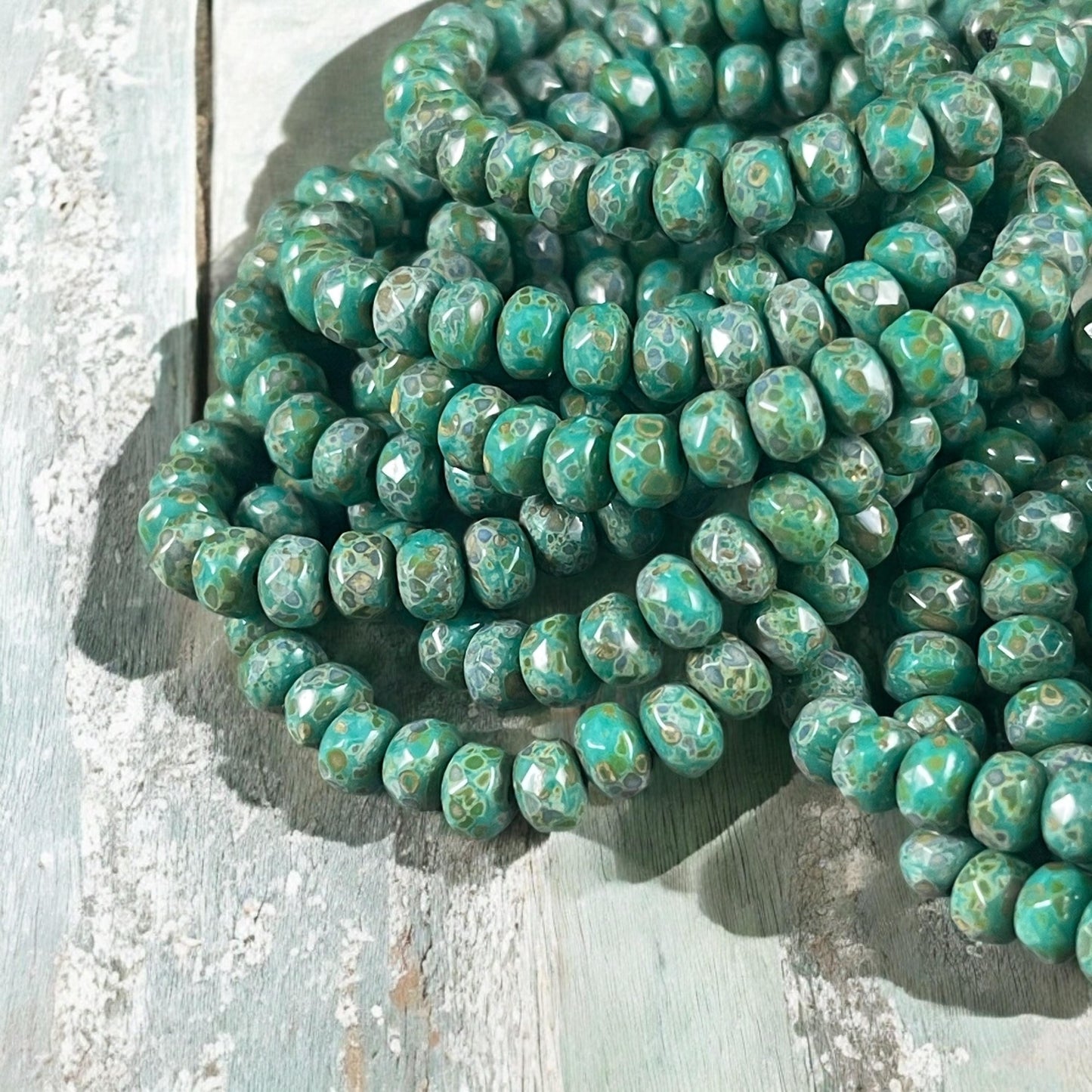 Czech Glass Beads - 5x3mm Faceted Rondelle, Turquoise Green Picasso Beads (R5/RJ-2310) * Qty. 30
