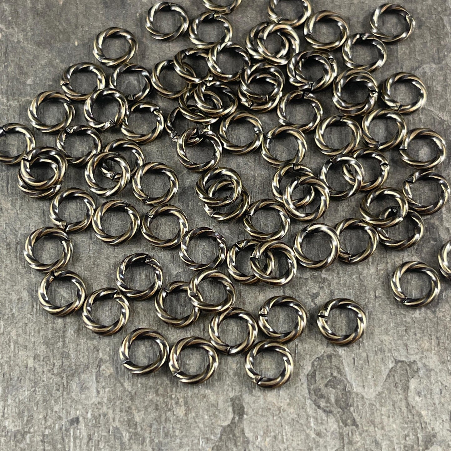 6mm Twisted Jump Rings, Antiqued Brass 16g Decorative Open Jump Rings (5042) * Qty. 100