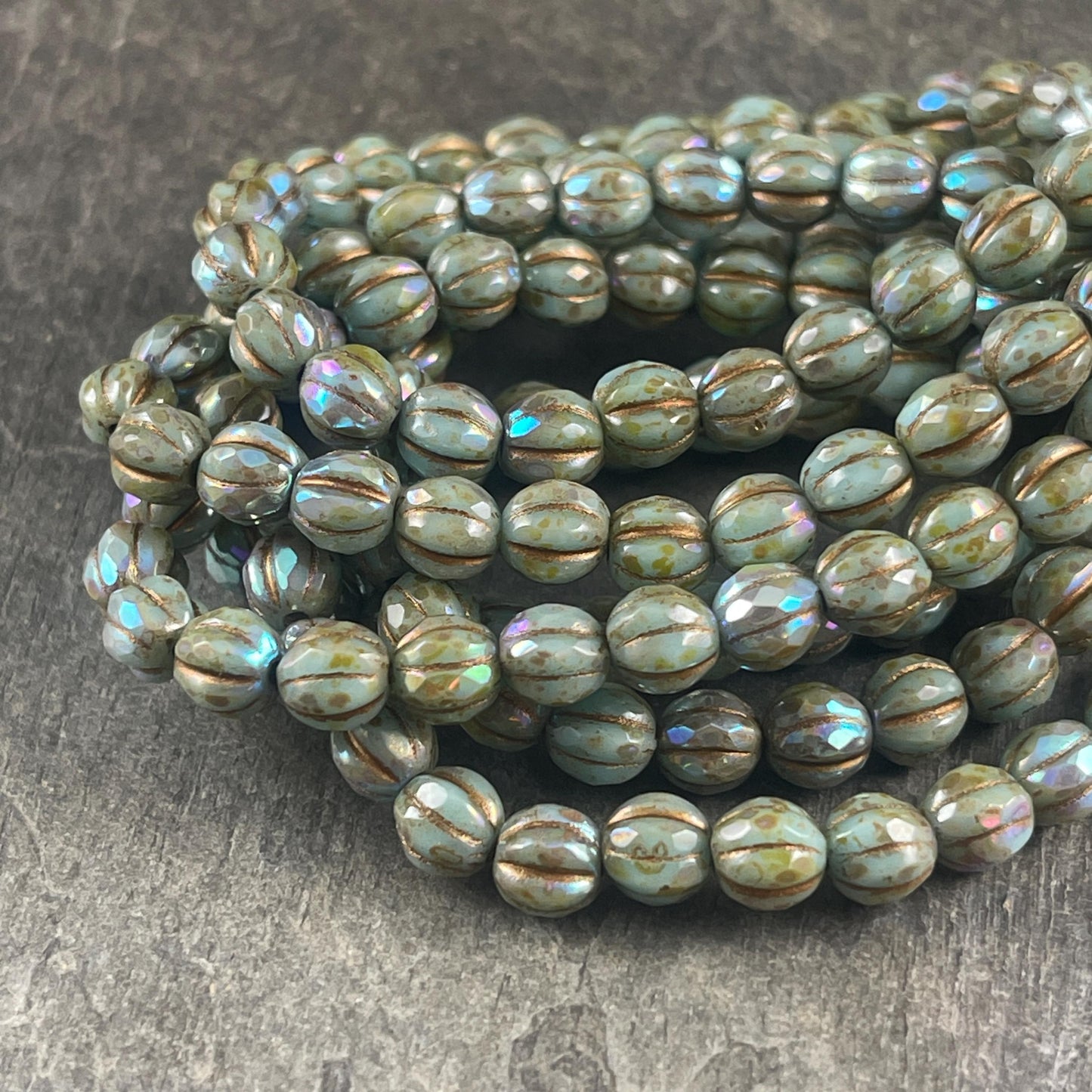 Czech Glass Beads - 5.5mm Faceted Melon Shape Beads, Tea Green with Picasso and AB Finish (FM6/N-0056) * 25 Beads