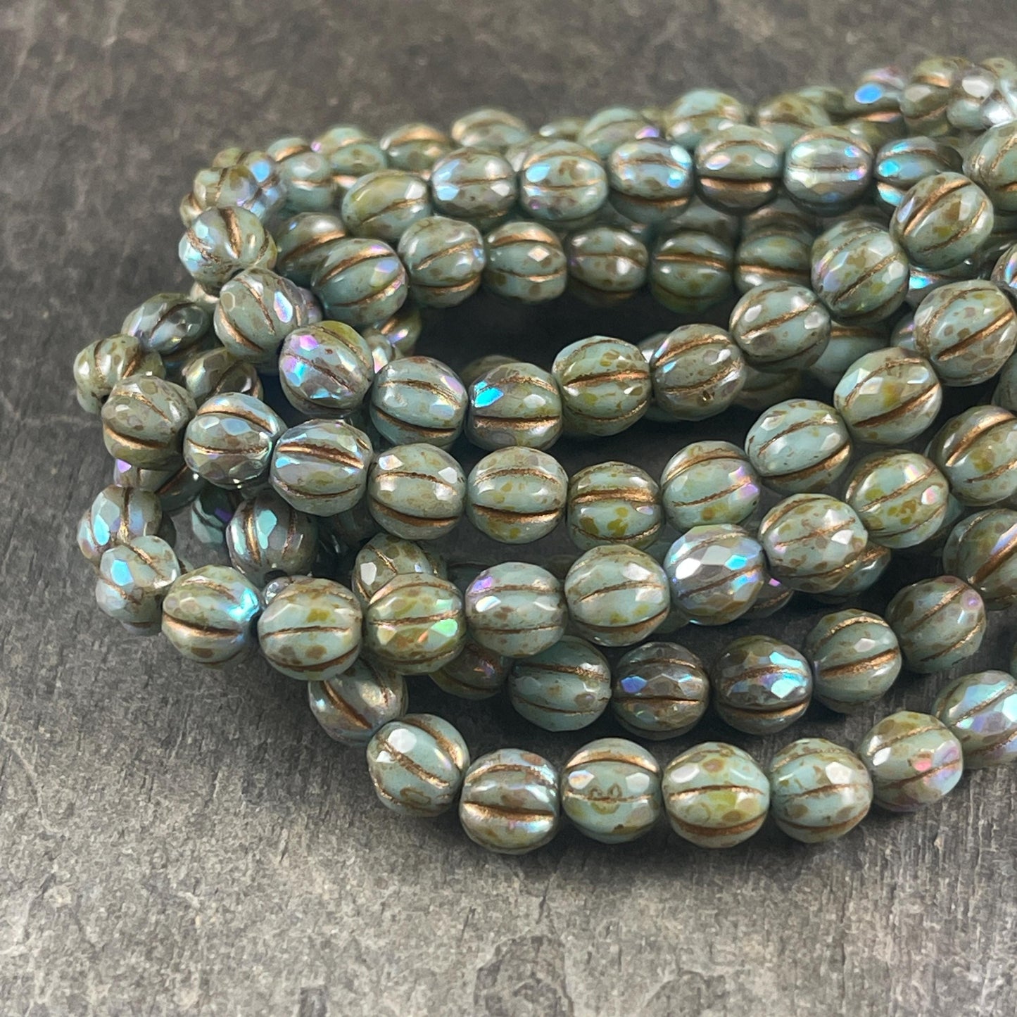 Czech Glass Beads - 5.5mm Faceted Melon Shape Beads, Tea Green with Picasso and AB Finish (FM6/N-0056) * 25 Beads