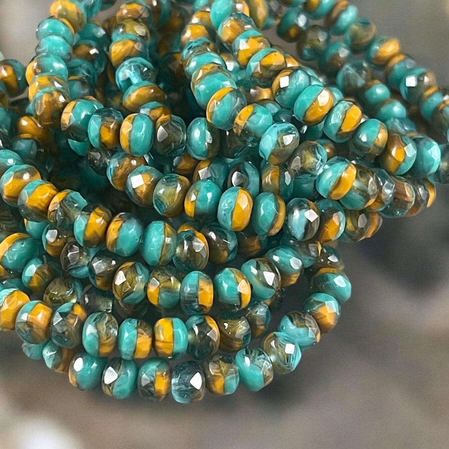 Turquoise Green, Aqua and Mustard Orange Czech Glass Beads, 5x3mm Faceted Rondelle (R5/RJ-2706) * Qty. 30