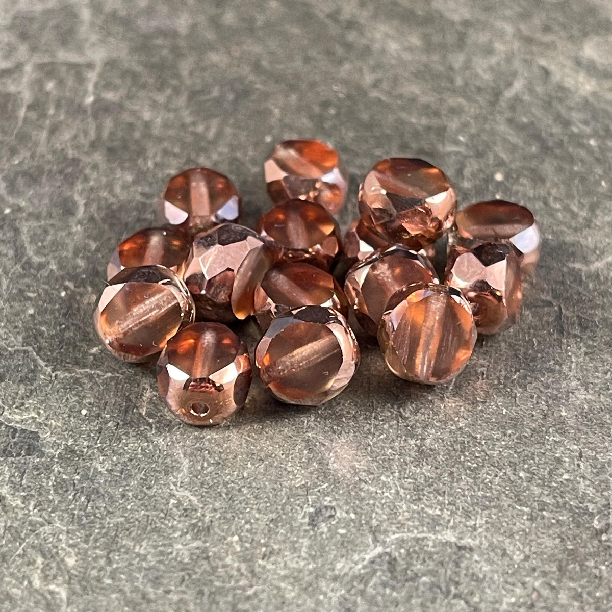 Transparent Salmon Pink and Copper 8mm Table Cut Beads, Czech Glass Faceted Oval Bead (FAS/N-1262) * Qty. 15