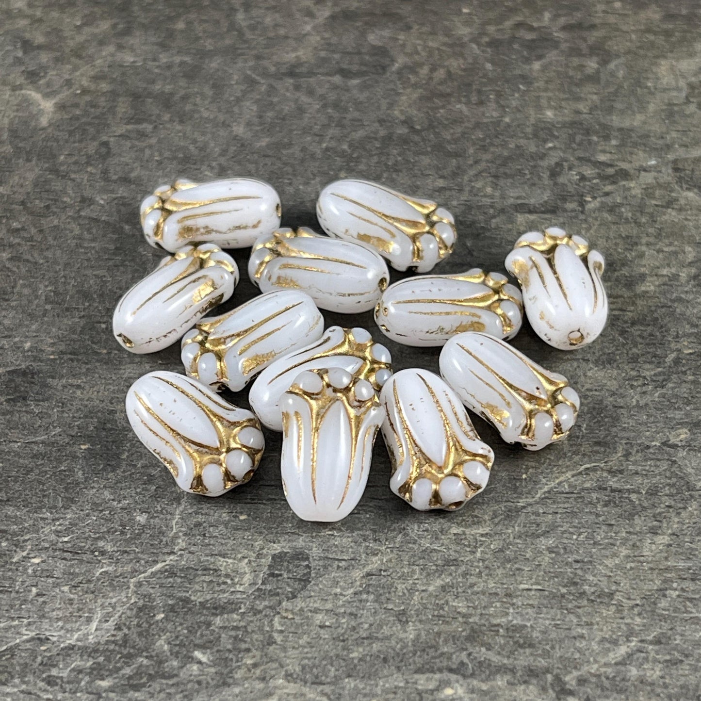 Czech Glass Beads - 12x8mm Lily Bud, Opaque Alabaster White with Gold Wash (LBud9) * Qty. 12