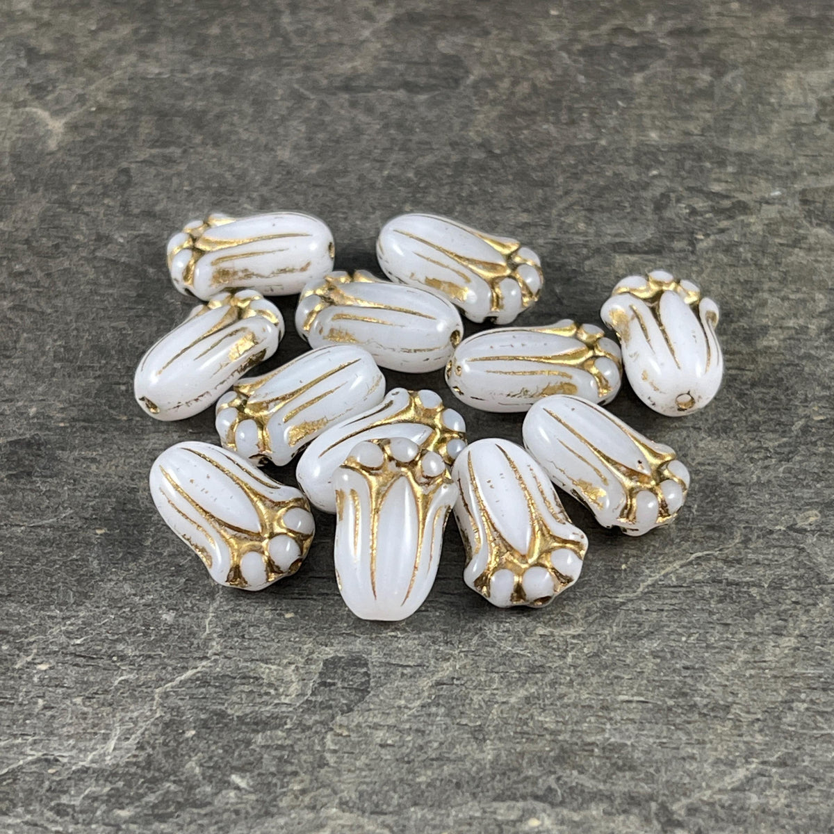 Czech Glass Beads - 12x8mm Lily Bud, Opaque Alabaster White with Gold Wash (LBud9) * Qty. 12