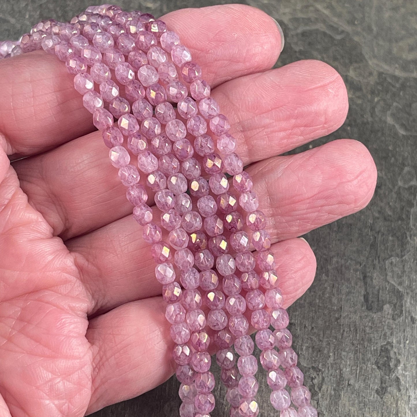 4mm Faceted Round Czech Glass Beads, Marbled Pink Luster (FP4/64495) * Qty. 50