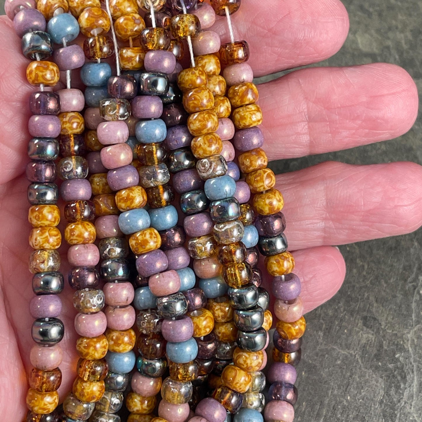 2/0 Tulip Picasso Luster, 6mm Picasso Seed Bead Mix with Pink, Purple, Topaz, Champagne, Beige and Gunmetal Beads (2/0-Tulip) * 20" Strand