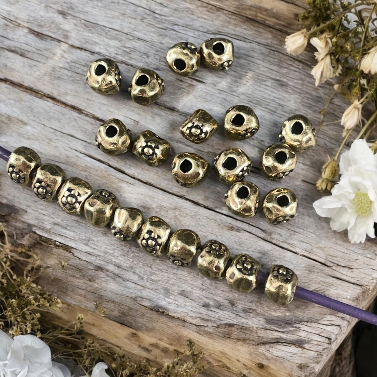 TierraCast Flower Nugget Bead, Large Hole Spacer Bead, Antiqued Brass Floral Theme Bead (PF/413-57) * Qty. 10