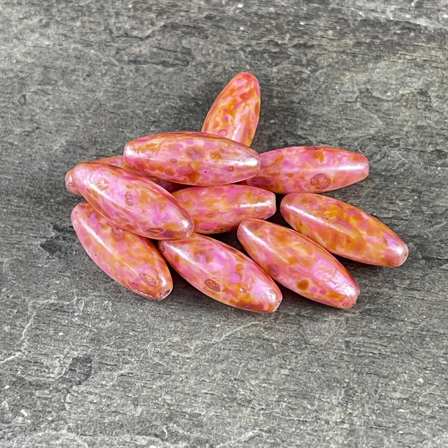 Czech Glass Beads - 9mm Oval, Beige Glass with Coral Pink Picasso Finish (EO13) * 10 Beads
