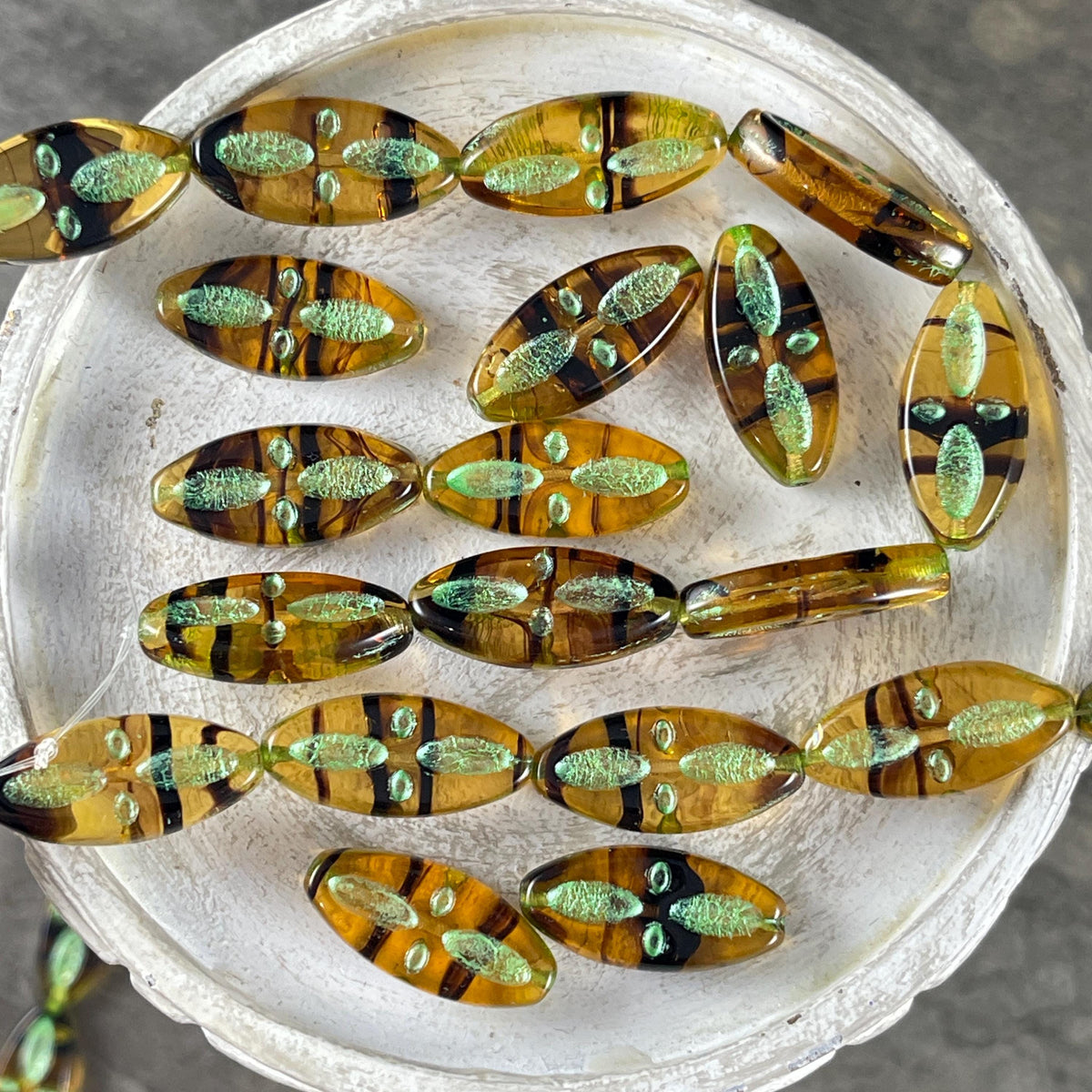 Tortoise Shell Glass Spindle Czech Glass Beads, 20x9mm Marquise Shape, Transparent Honey Gold with Metallic Green Wash (PSpndl-xts) * Qty. 8