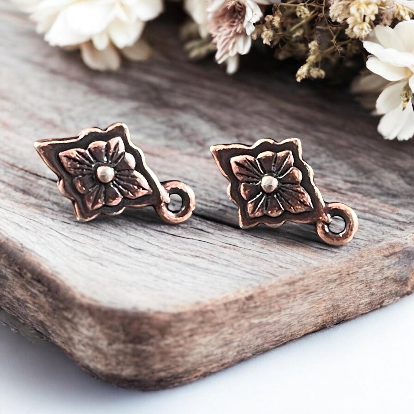 TierraCast Reina Earring Post, Antiqued Copper Diamond Shaped, Floral Theme Titanium Post Earring (PF/428-87) * Qty. 2