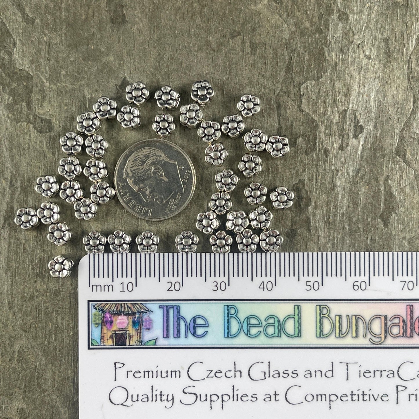 Antiqued Silver Flower Bead, Double Sided 5.25mm Metal Flower, Nature Theme Beads (O007-01) * Qty. 40