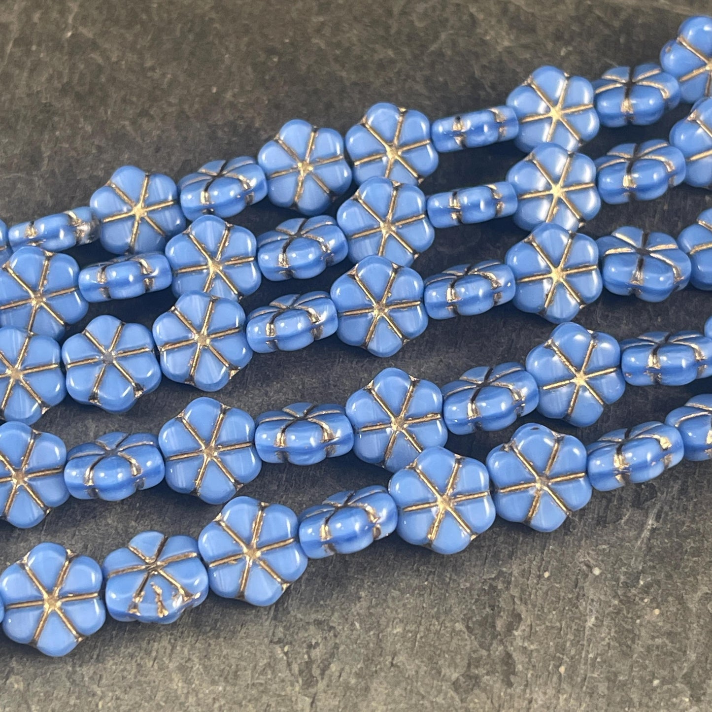 Czech Glass Beads - 10mm Periwinkle Blue Flower, Blue Opaline Glass with Gold Wash (PFMN-2) * Qty. 10