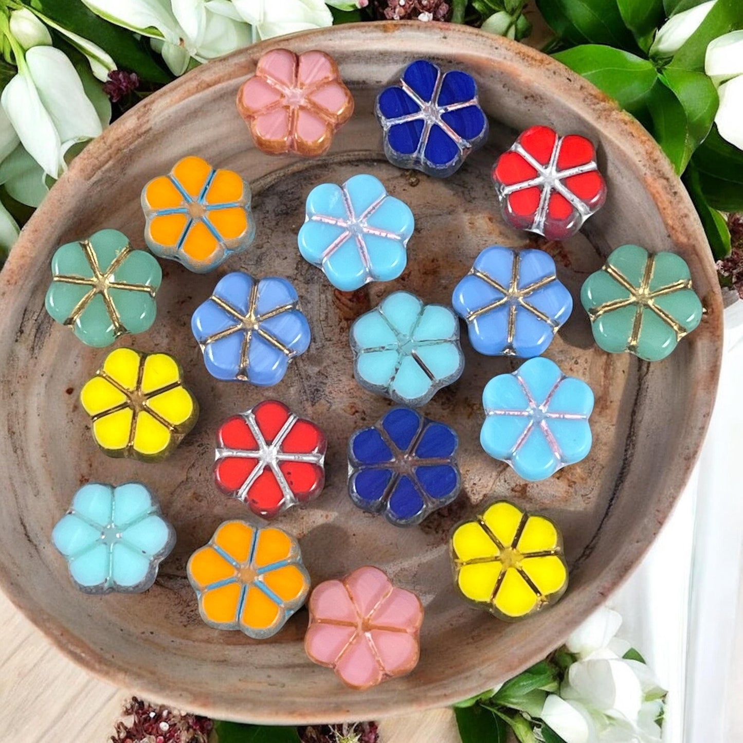Czech Glass Beads, 10mm Table Cut Forget-Me-Not Sampler (TCFMN-mix) * Qty. 18 beads