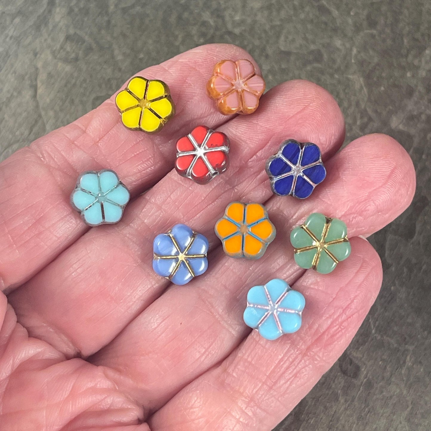 Czech Glass Beads, 10mm Table Cut Forget-Me-Not Sampler (TCFMN-mix) * Qty. 18 beads