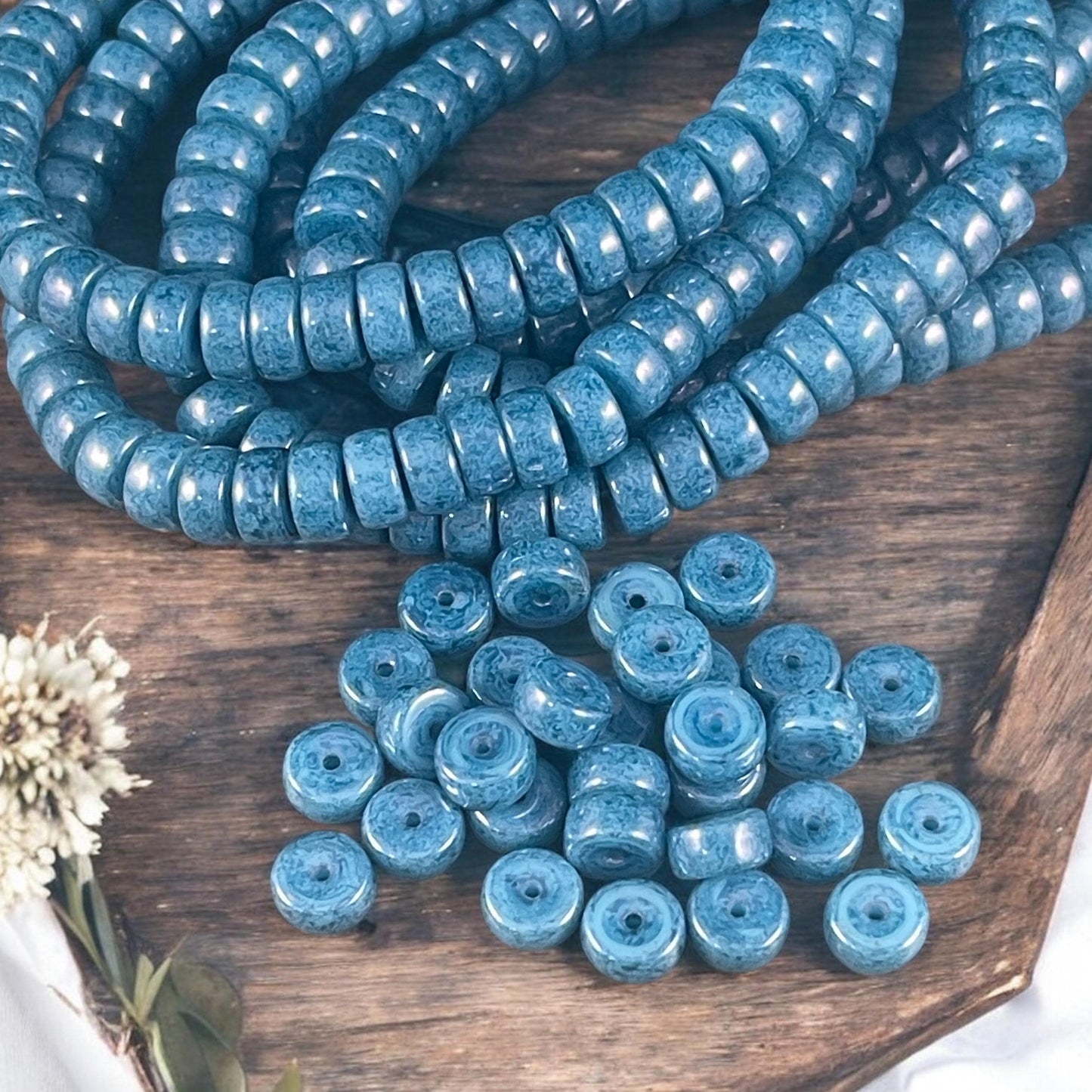 6mm Dark Sky Blue Heishi Rondelle, Czech Glass Beads, Blue with Blue Marbled Finish (HSH/N-0654) * 50 Beads