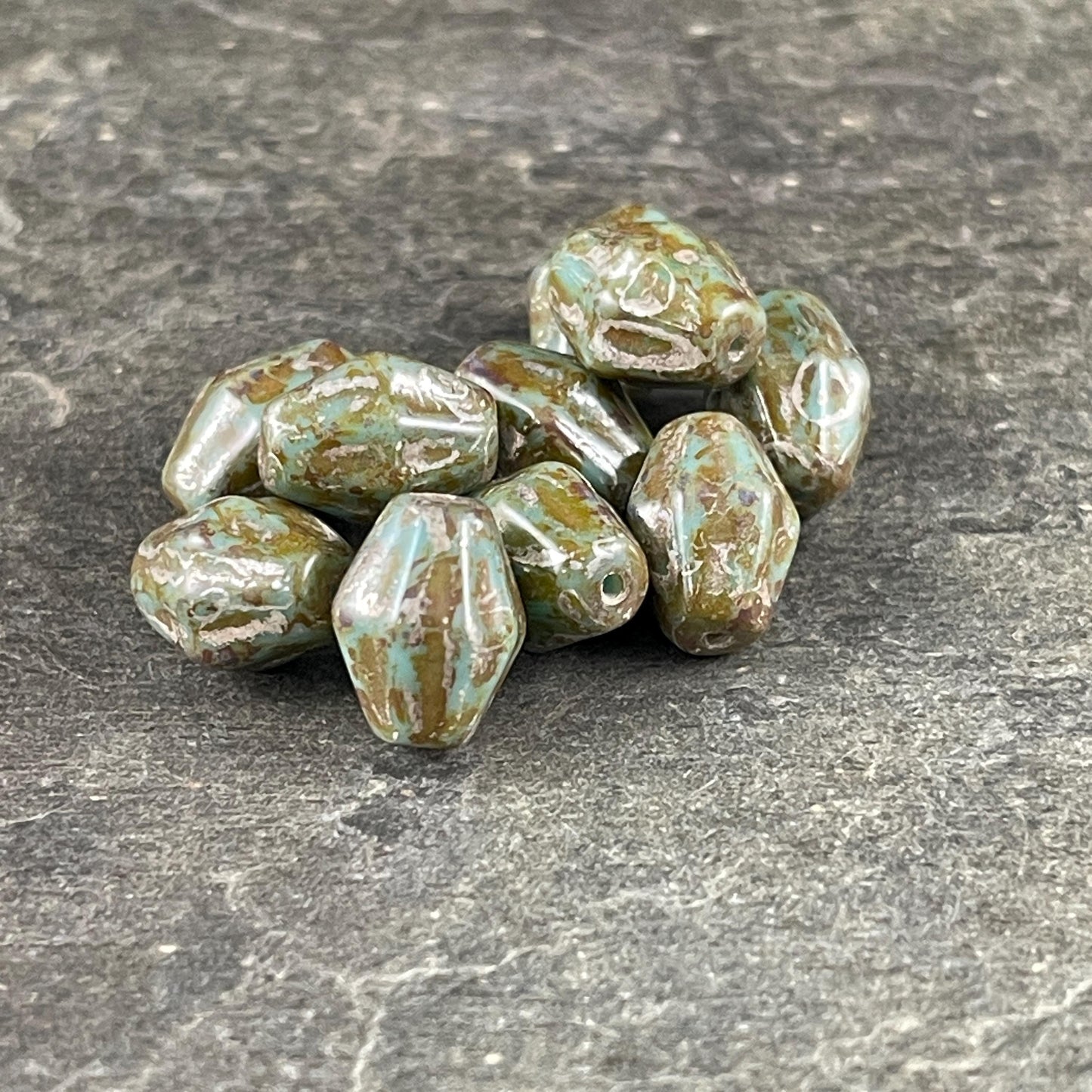 Czech Glass Beads, 10x8mm Bicone Beads, Turquoise with Silver Picasso Finish (BIC10) * Qty. 12