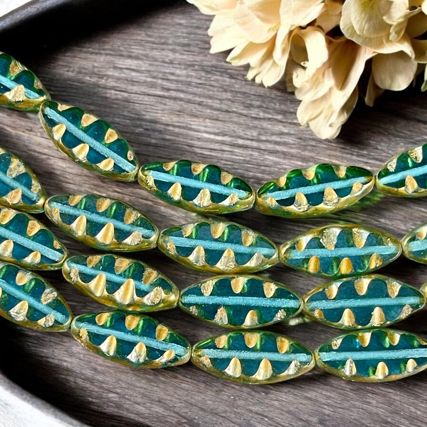 Caribbean Blue Oval Beads, Blue and Gold Textured Spindle Bead, 17x8mm Czech Glass Beads (TSpndl-11) * Qty. 8