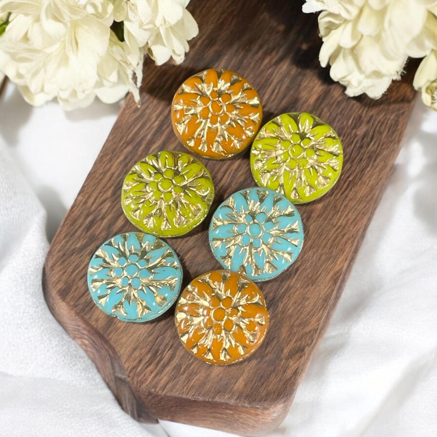 Czech Glass Bead Assortment - 14mm Dahlia Flower Beads - Pairs for Earrings, Flower Assortment (DM-4) * Qty. 6