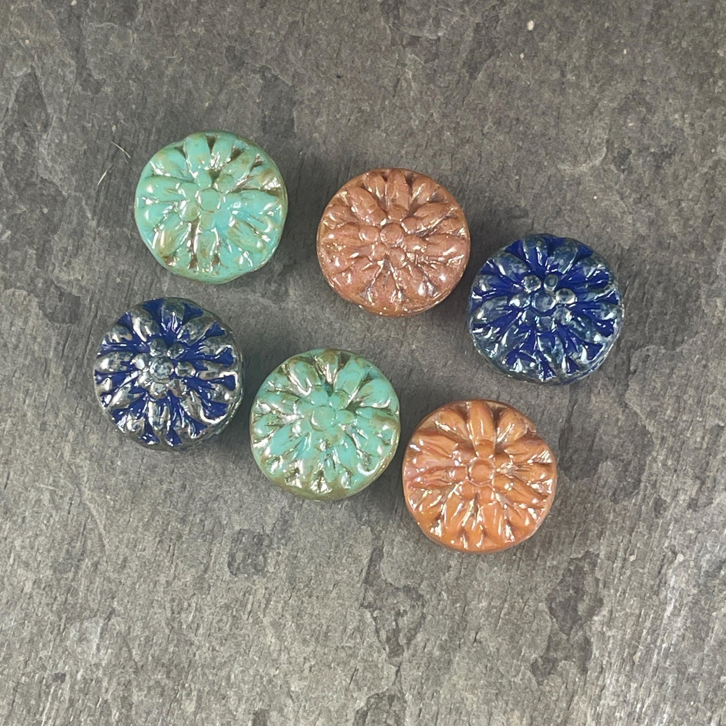 Czech Glass Bead Assortment - 14mm Dahlia Flower Beads - Pairs for Earrings, Flower Assortment (DM-7) * Qty. 6